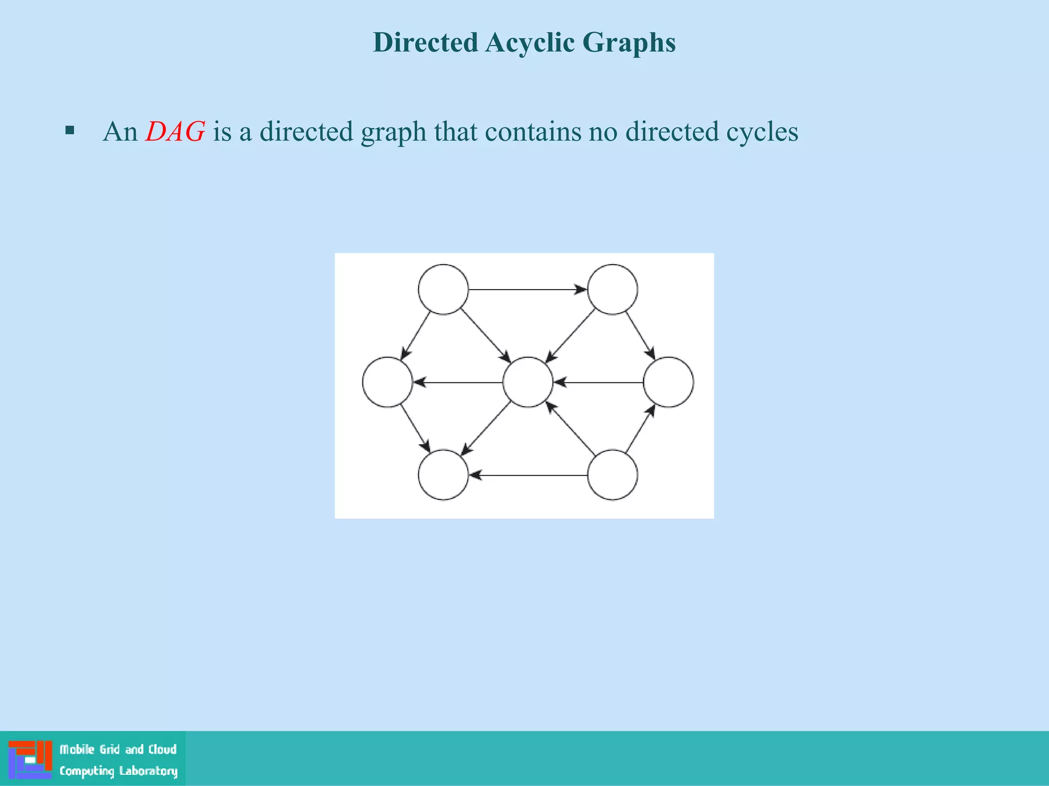 Directed Acyclic Graphs
 An DAG is a directed graph that contains no directed cycles
 