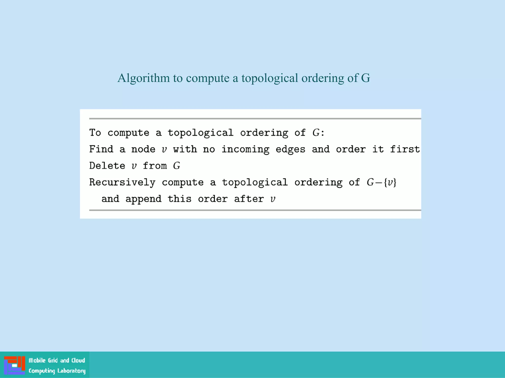 Algorithm to compute a topological ordering of G
 