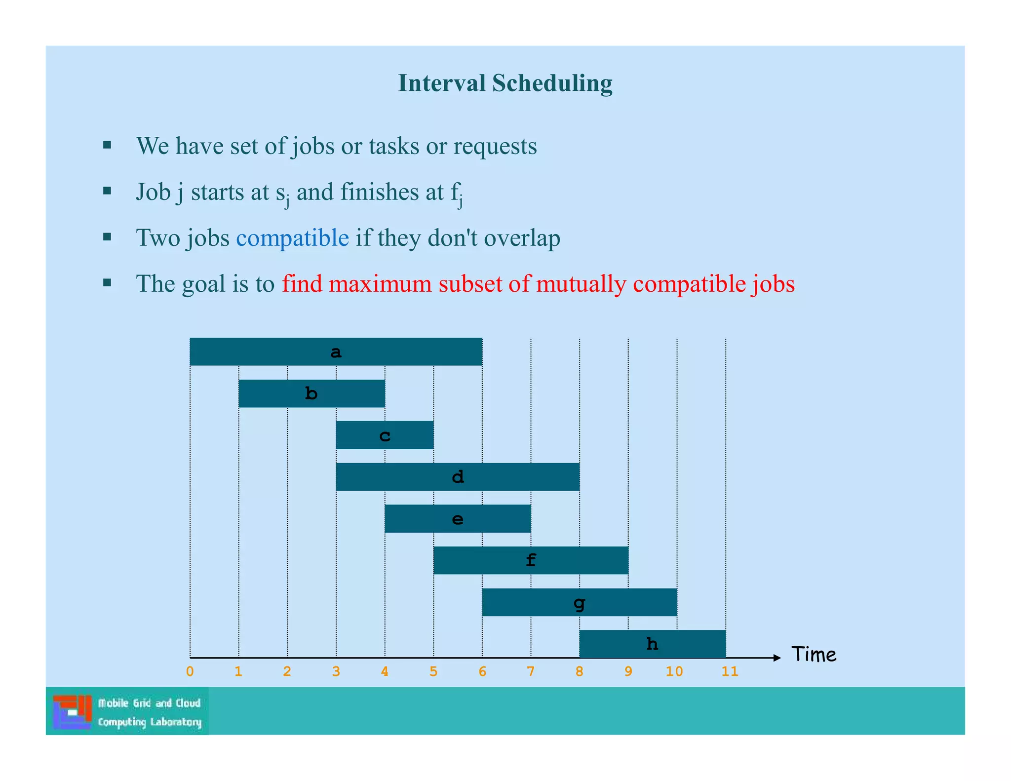  We have set of jobs or tasks or requests
 Job j starts at sj and finishes at fj
 Two jobs compatible if they don't overlap
 The goal is to find maximum subset of mutually compatible jobs
Time
0 1 2 3 4 5 6 7 8 9 10 11
f
g
h
e
a
b
c
d
Interval Scheduling
 