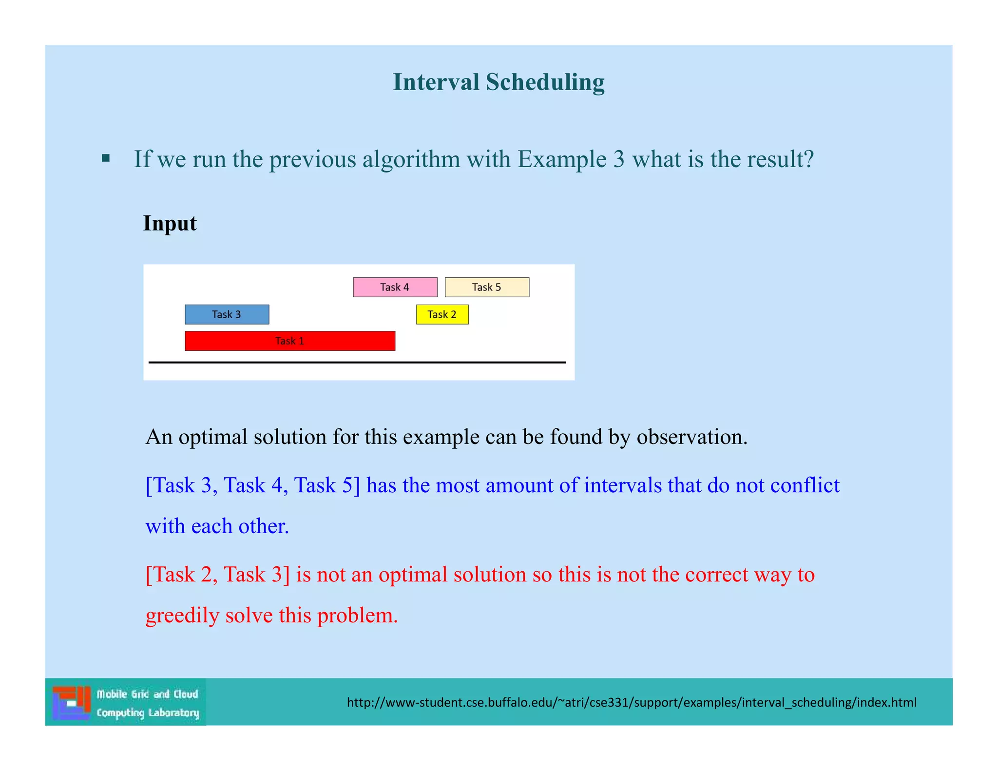 Interval Scheduling
 If we run the previous algorithm with Example 3 what is the result?
An optimal solution for this example can be found by observation.
[Task 3, Task 4, Task 5] has the most amount of intervals that do not conflict
with each other.
[Task 2, Task 3] is not an optimal solution so this is not the correct way to
greedily solve this problem.
Input
http://www-student.cse.buffalo.edu/~atri/cse331/support/examples/interval_scheduling/index.html
 