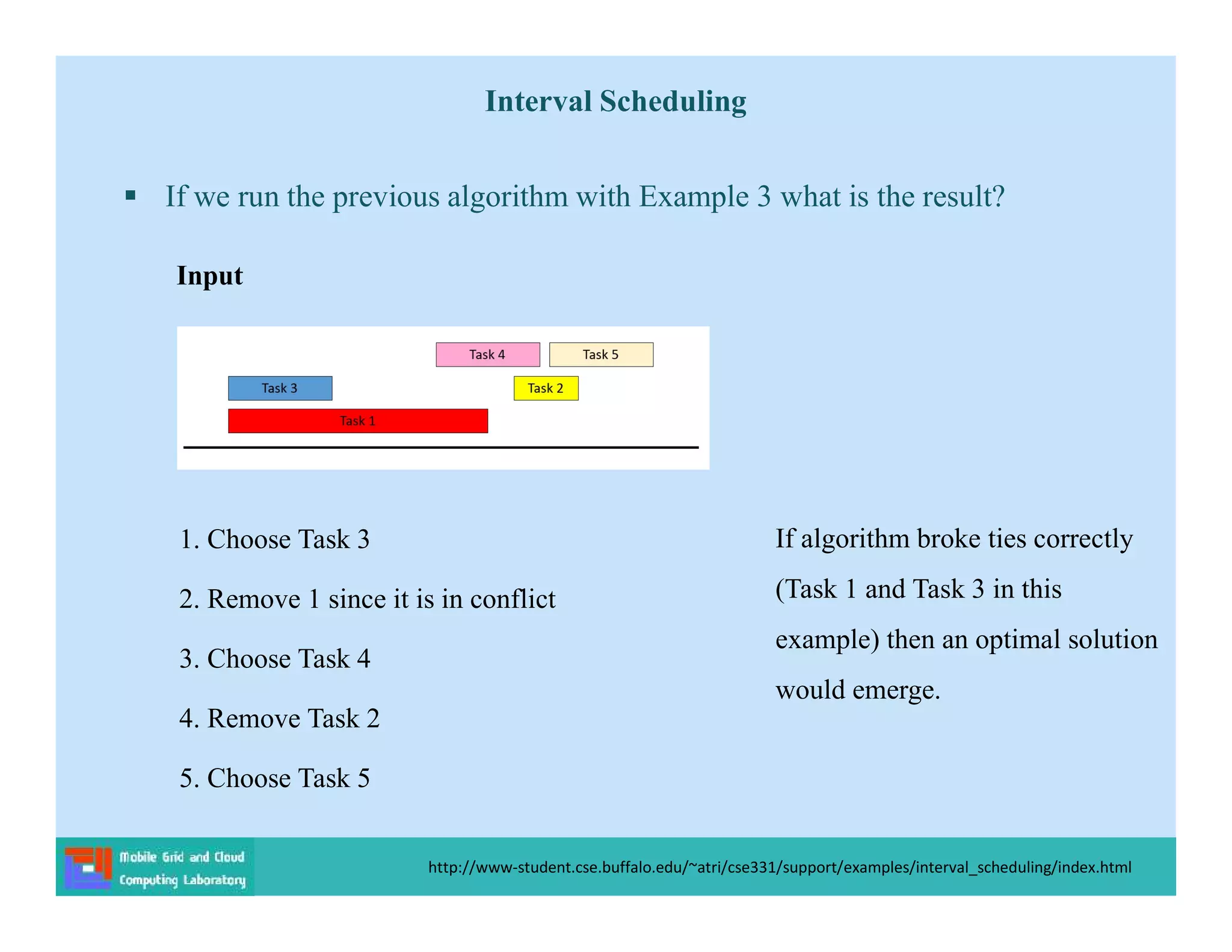 Interval Scheduling
 If we run the previous algorithm with Example 3 what is the result?
1. Choose Task 3
2. Remove 1 since it is in conflict
3. Choose Task 4
4. Remove Task 2
5. Choose Task 5
Input
http://www-student.cse.buffalo.edu/~atri/cse331/support/examples/interval_scheduling/index.html
If algorithm broke ties correctly
(Task 1 and Task 3 in this
example) then an optimal solution
would emerge.
 