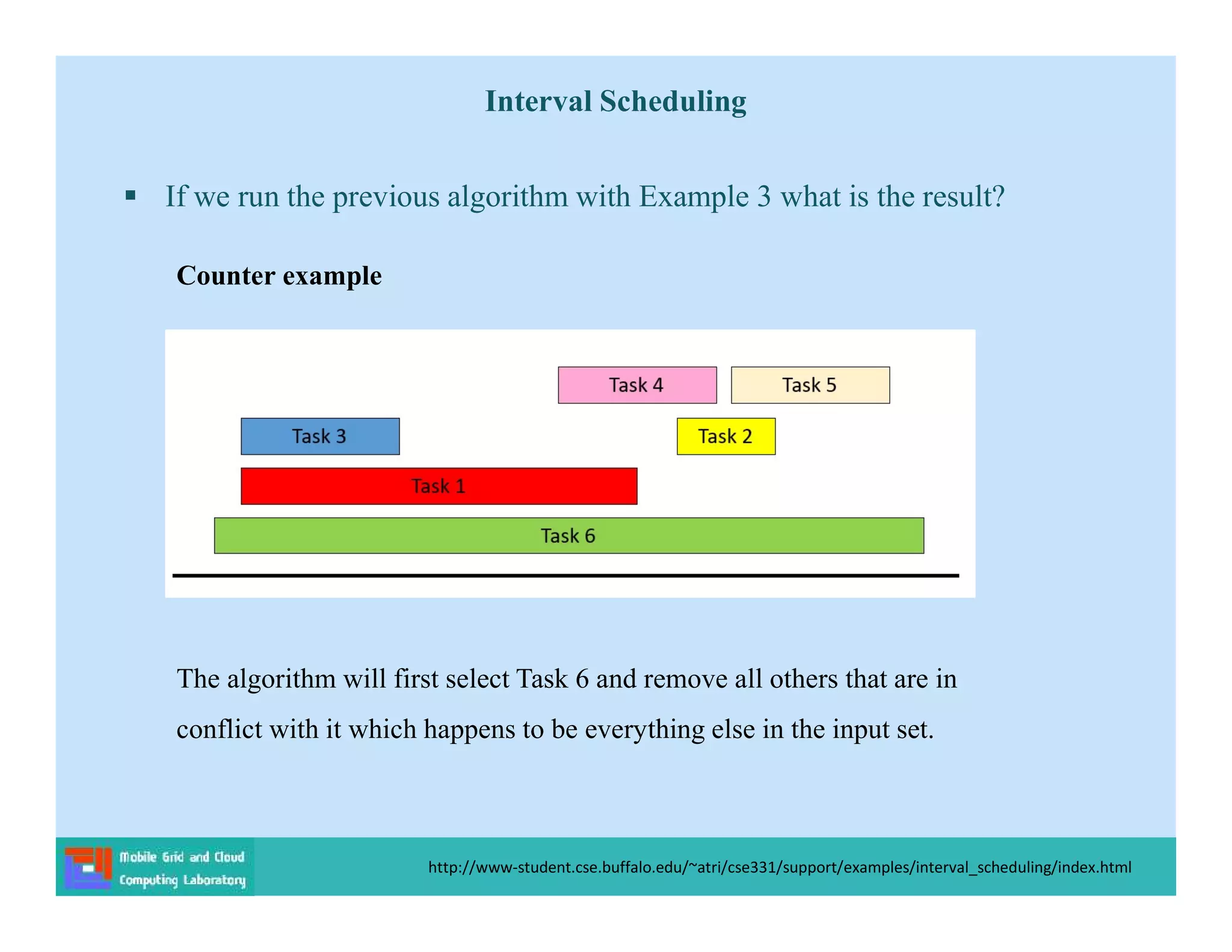 Interval Scheduling
 If we run the previous algorithm with Example 3 what is the result?
Counter example
http://www-student.cse.buffalo.edu/~atri/cse331/support/examples/interval_scheduling/index.html
The algorithm will first select Task 6 and remove all others that are in
conflict with it which happens to be everything else in the input set.
 
