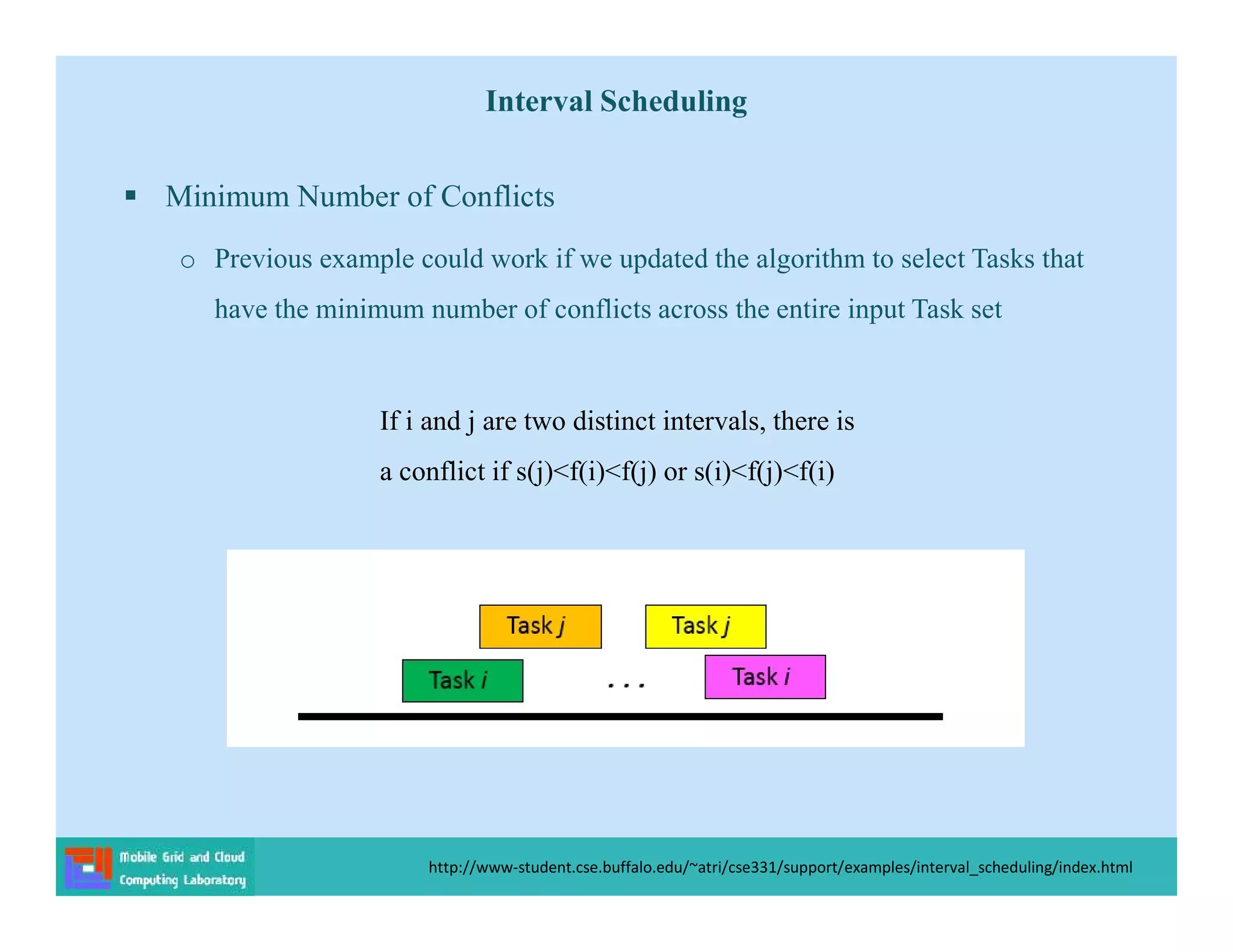 Interval Scheduling
 Minimum Number of Conflicts
o Previous example could work if we updated the algorithm to select Tasks that
have the minimum number of conflicts across the entire input Task set
http://www-student.cse.buffalo.edu/~atri/cse331/support/examples/interval_scheduling/index.html
If i and j are two distinct intervals, there is
a conflict if s(j)<f(i)<f(j) or s(i)<f(j)<f(i)
 