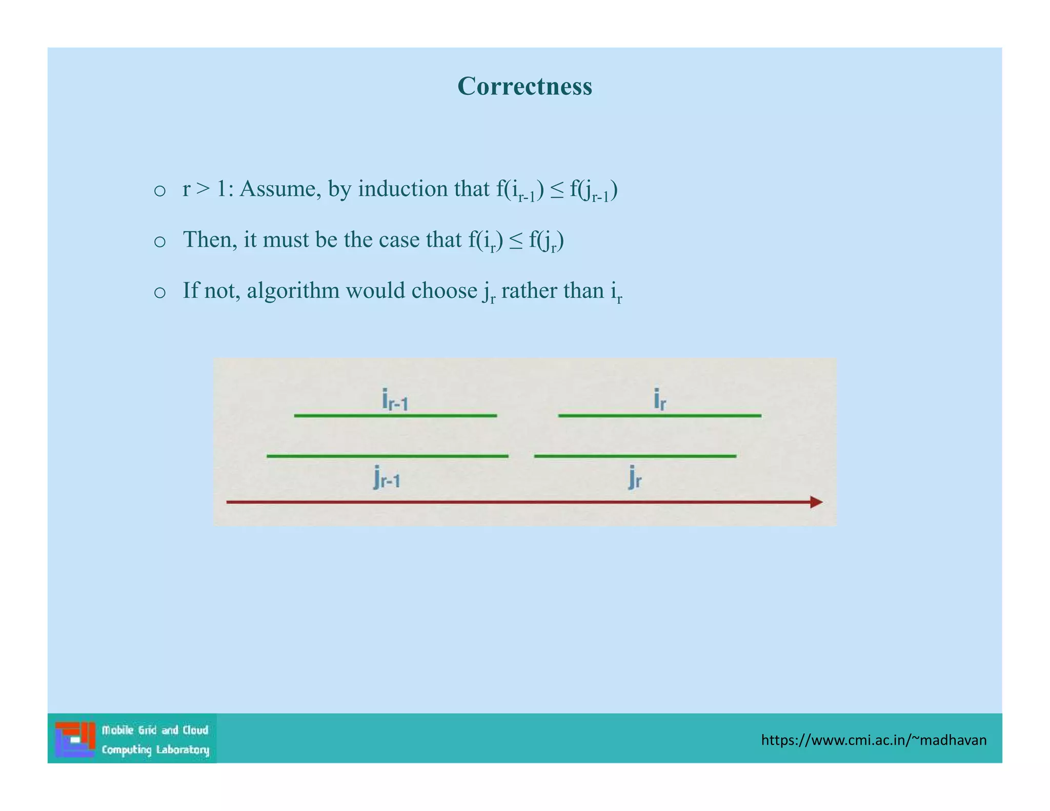Correctness
o r > 1: Assume, by induction that f(ir-1) ≤ f(jr-1)
o Then, it must be the case that f(ir) ≤ f(jr)
o If not, algorithm would choose jr rather than ir
https://www.cmi.ac.in/~madhavan
 