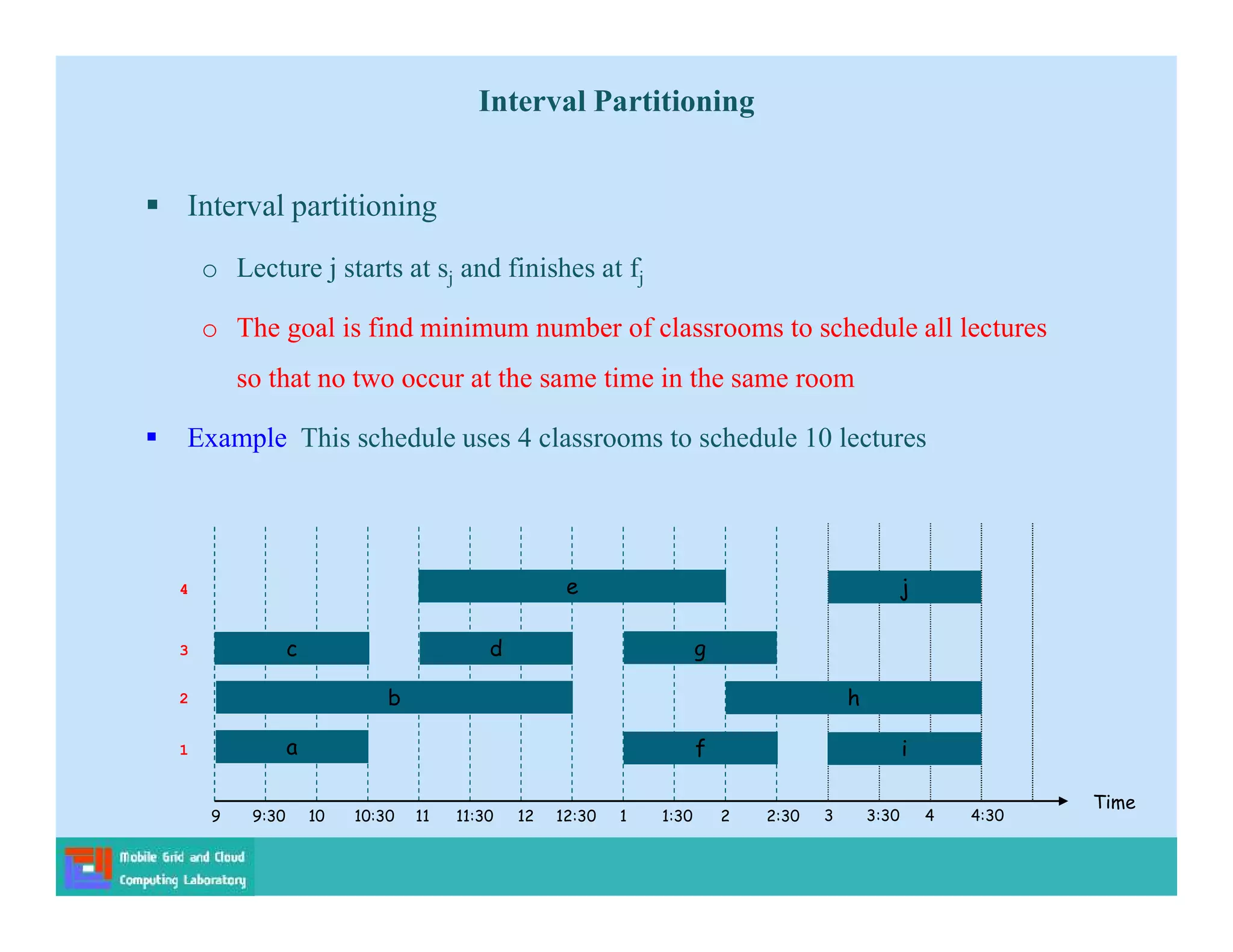 Interval Partitioning
 Interval partitioning
o Lecture j starts at sj and finishes at fj
o The goal is find minimum number of classrooms to schedule all lectures
so that no two occur at the same time in the same room
 Example This schedule uses 4 classrooms to schedule 10 lectures
Time
9 9:30 10 10:30 11 11:30 12 12:30 1 1:30 2 2:30
h
c
b
a
e
d g
f i
j
3 3:30 4 4:30
1
2
3
4
 