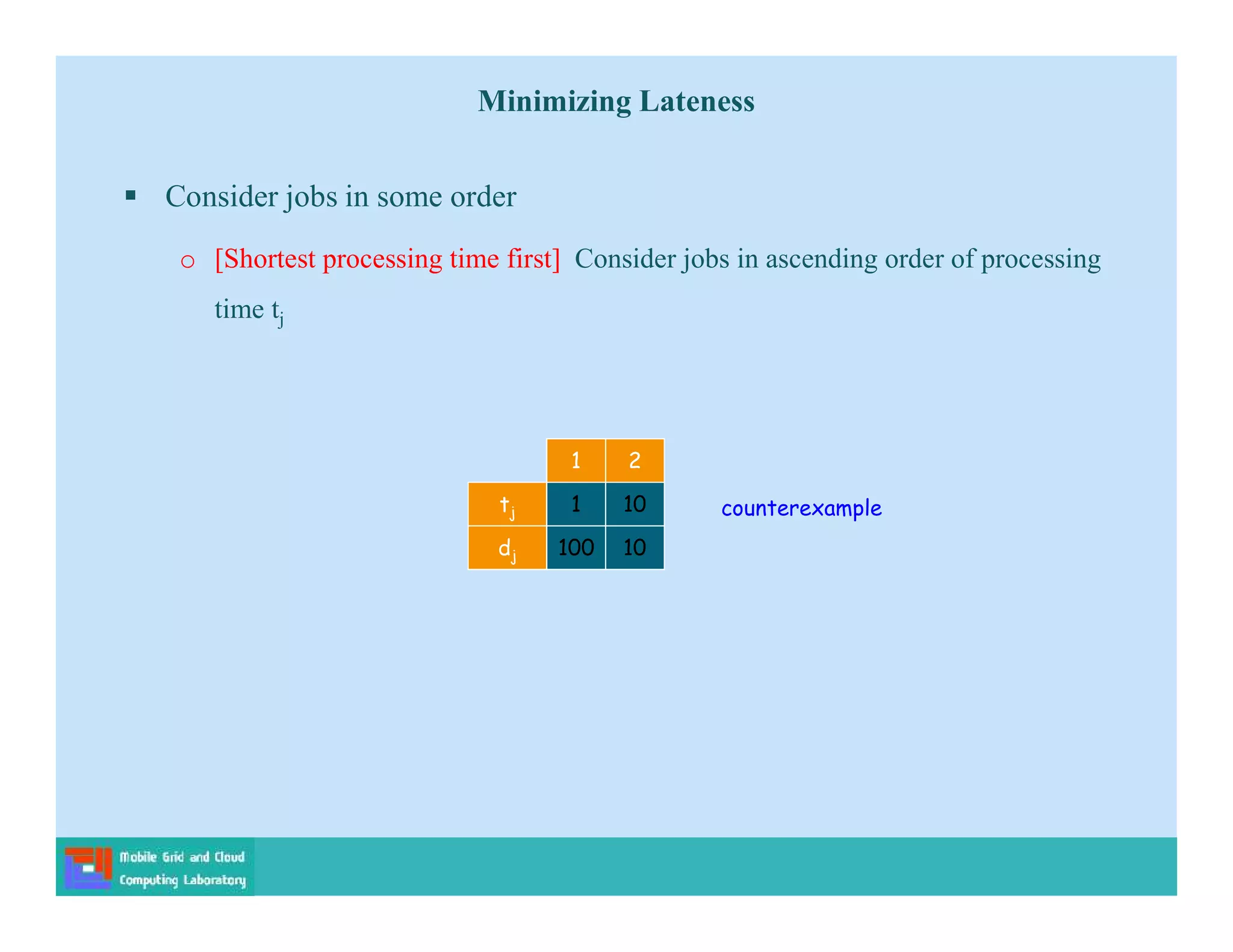  Consider jobs in some order
o [Shortest processing time first] Consider jobs in ascending order of processing
time tj
counterexample
dj
tj
100
1
1
10
10
2
Minimizing Lateness
 