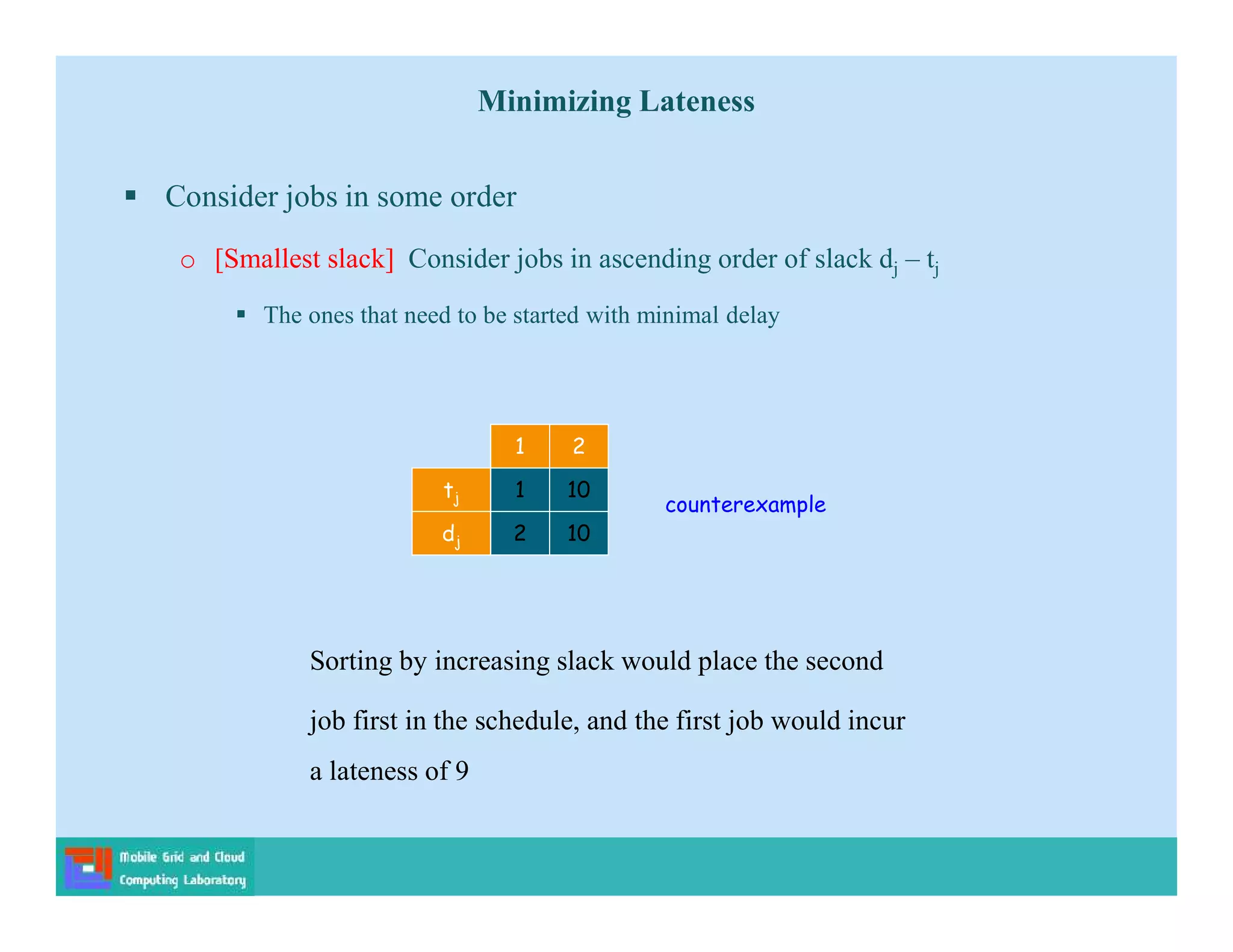  Consider jobs in some order
o [Smallest slack] Consider jobs in ascending order of slack dj – tj
 The ones that need to be started with minimal delay
counterexample
dj
tj
2
1
1
10
10
2
Minimizing Lateness
Sorting by increasing slack would place the second
job first in the schedule, and the first job would incur
a lateness of 9
 
