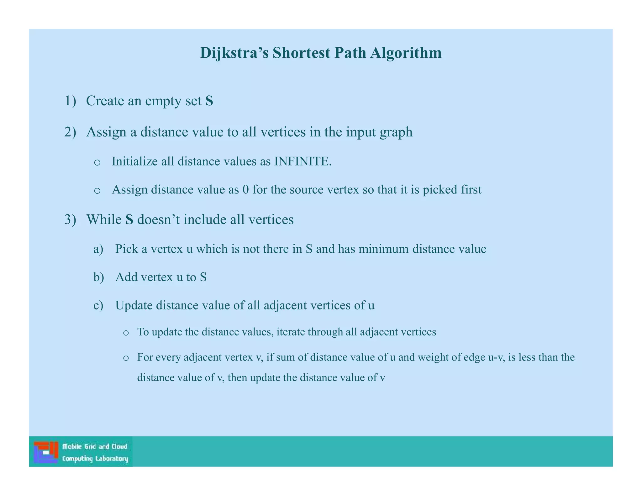 1) Create an empty set S
2) Assign a distance value to all vertices in the input graph
o Initialize all distance values as INFINITE.
o Assign distance value as 0 for the source vertex so that it is picked first
3) While S doesn’t include all vertices
a) Pick a vertex u which is not there in S and has minimum distance value
b) Add vertex u to S
c) Update distance value of all adjacent vertices of u
o To update the distance values, iterate through all adjacent vertices
o For every adjacent vertex v, if sum of distance value of u and weight of edge u-v, is less than the
distance value of v, then update the distance value of v
Dijkstra’s Shortest Path Algorithm
 