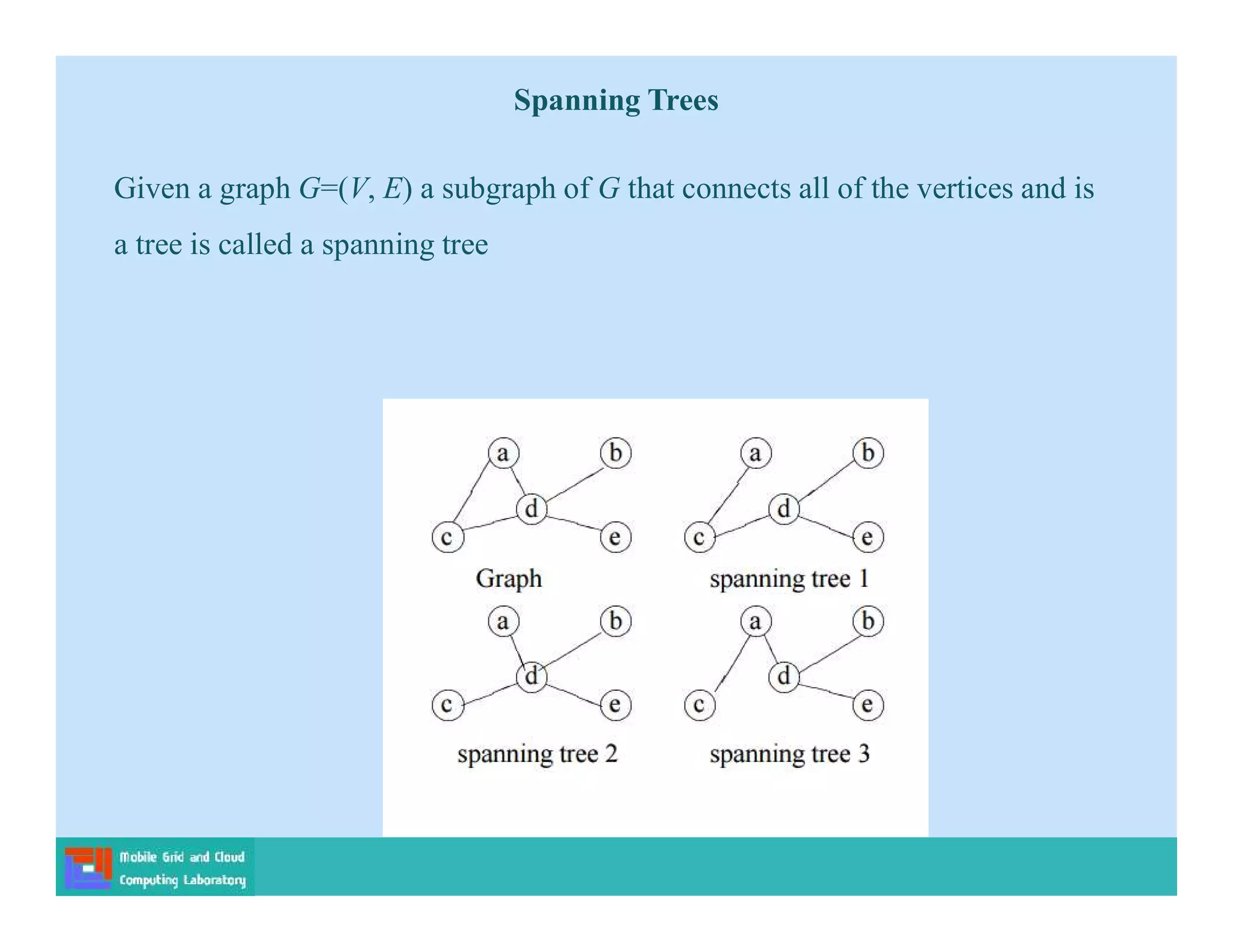 Given a graph G=(V, E) a subgraph of G that connects all of the vertices and is
a tree is called a spanning tree
Spanning Trees
 