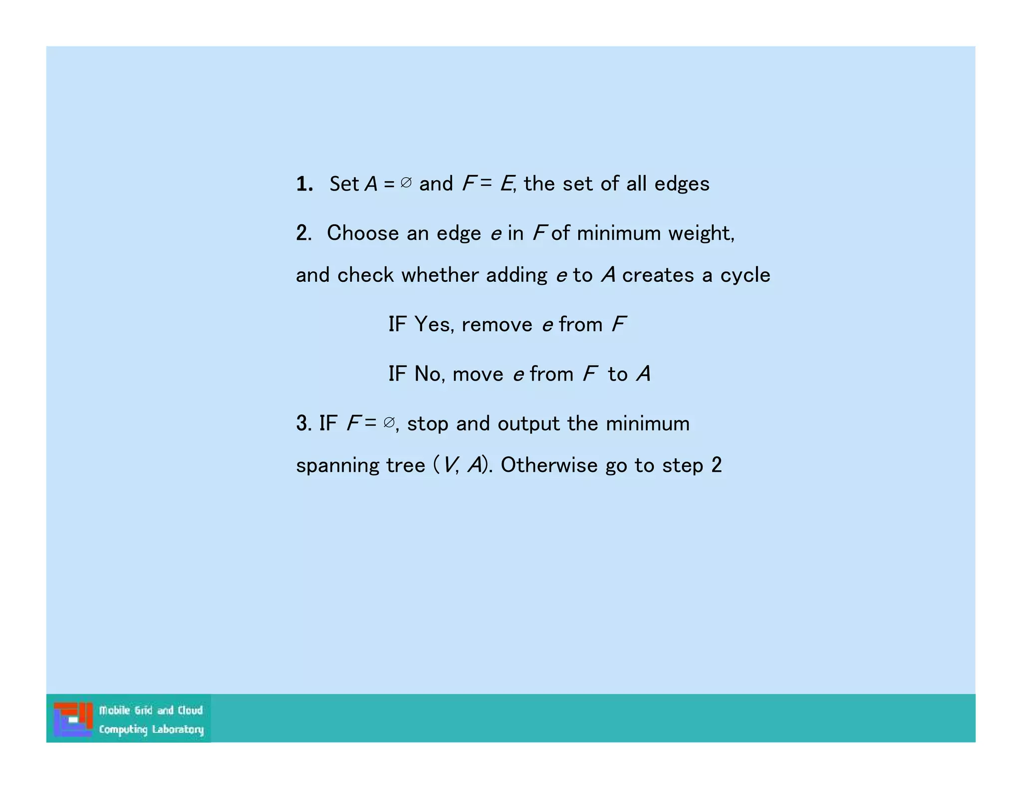 1. Set A = ∅ and F = E, the set of all edges
2. Choose an edge e in F of minimum weight,
and check whether adding e to A creates a cycle
IF Yes, remove e from F
IF No, move e from F to A
3. IF F = ∅, stop and output the minimum
spanning tree (V, A). Otherwise go to step 2
 