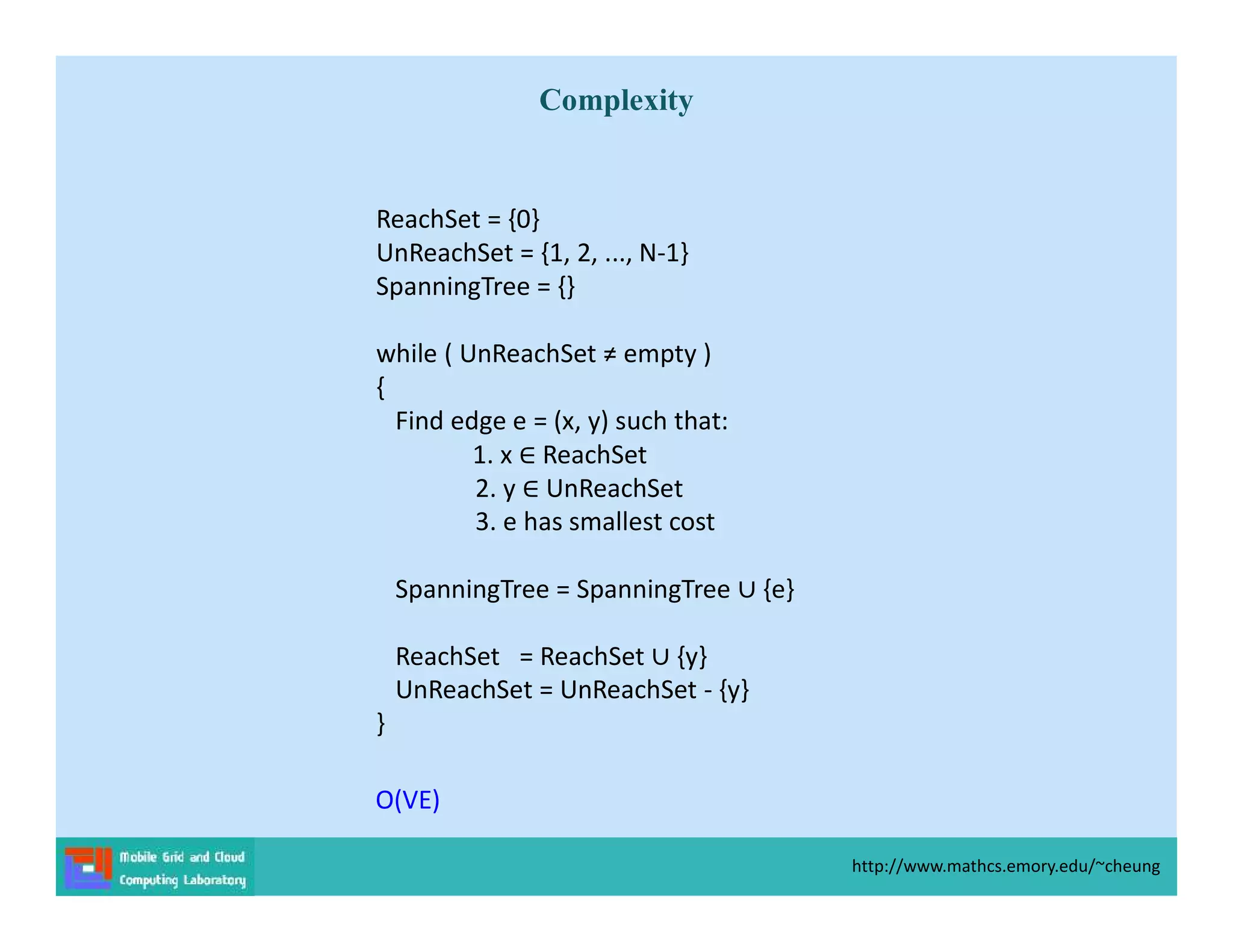 ReachSet = {0}
UnReachSet = {1, 2, ..., N-1}
SpanningTree = {}
while ( UnReachSet ≠ empty )
{
Find edge e = (x, y) such that:
1. x ReachSet
2. y UnReachSet
3. e has smallest cost
SpanningTree = SpanningTree {e}
ReachSet = ReachSet {y}
UnReachSet = UnReachSet - {y}
}
http://www.mathcs.emory.edu/~cheung
Complexity
O(VE)
 