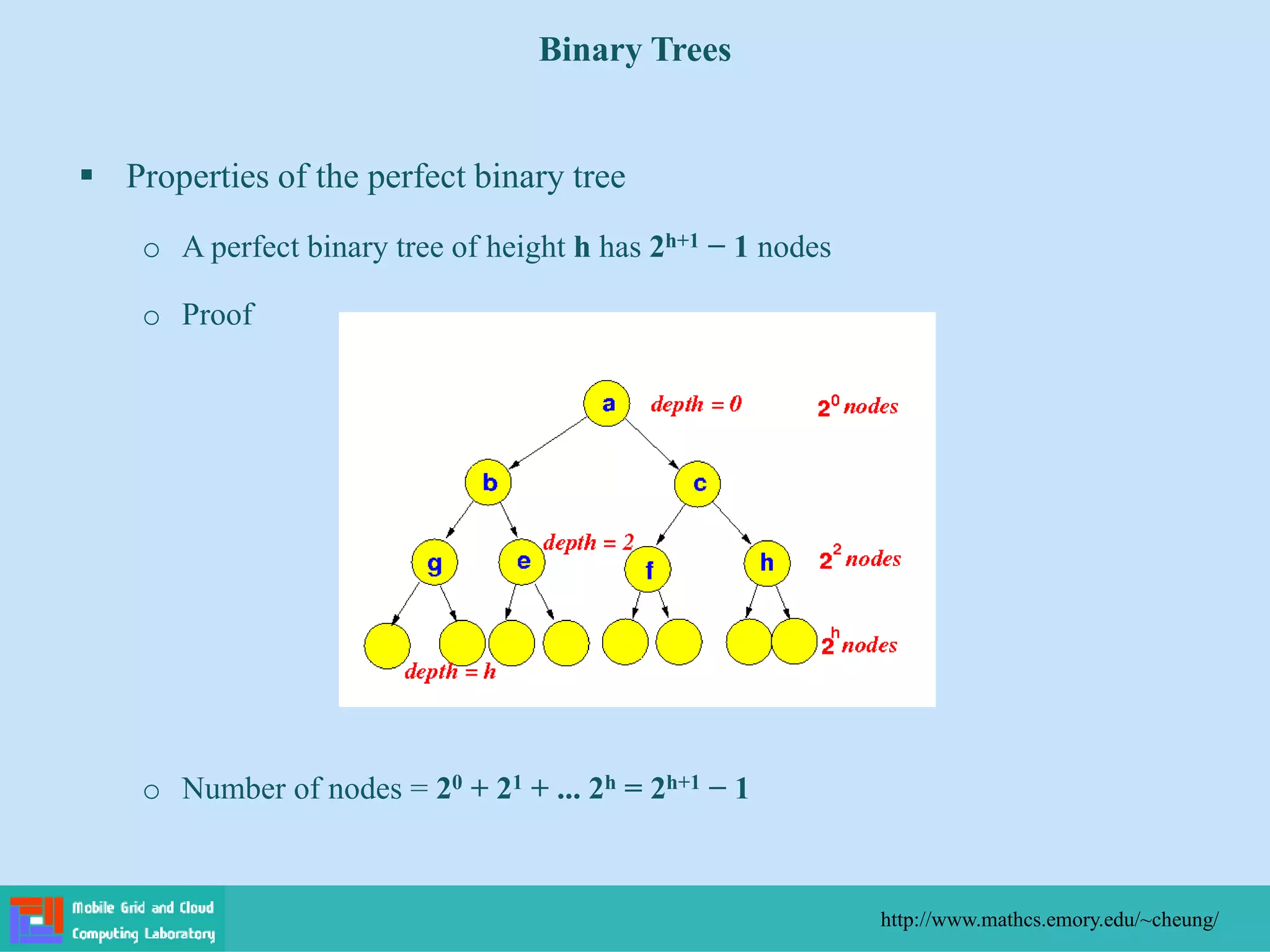  Properties of the perfect binary tree
o A perfect binary tree of height h has 2h+1 − 1 nodes
o Proof
o Number of nodes = 20 + 21 + ... 2h = 2h+1 − 1
Binary Trees
http://www.mathcs.emory.edu/~cheung/
 