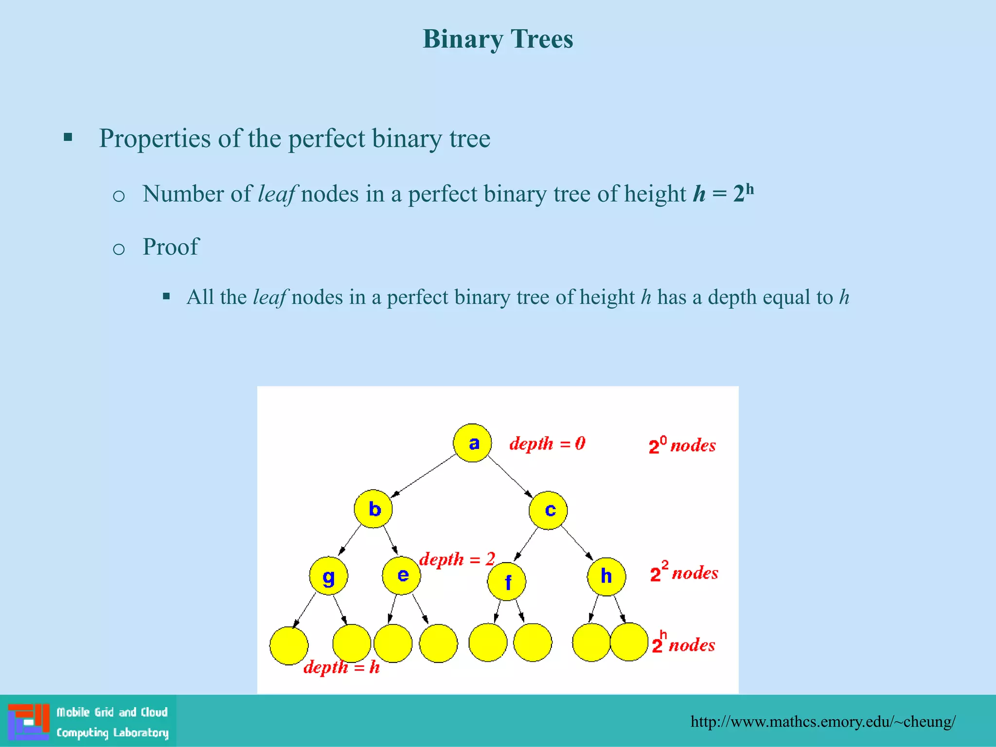  Properties of the perfect binary tree
o Number of leaf nodes in a perfect binary tree of height h = 2h
o Proof
 All the leaf nodes in a perfect binary tree of height h has a depth equal to h
Binary Trees
http://www.mathcs.emory.edu/~cheung/
 