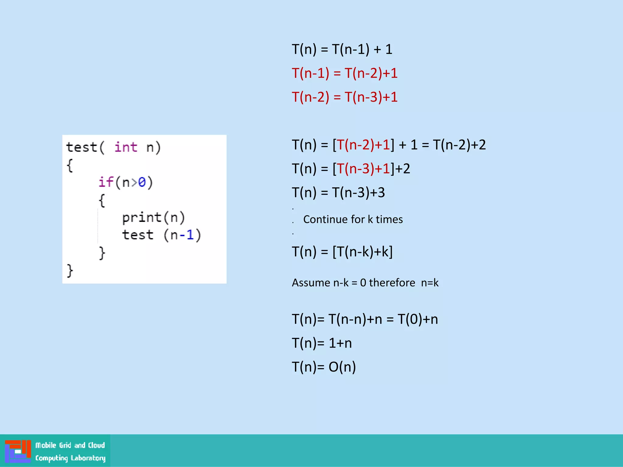T(n) = T(n-1) + 1
T(n-1) = T(n-2)+1
T(n-2) = T(n-3)+1
T(n) = [T(n-2)+1] + 1 = T(n-2)+2
T(n) = [T(n-3)+1]+2
T(n) = T(n-3)+3
.
. Continue for k times
.
T(n) = [T(n-k)+k]
Assume n-k = 0 therefore n=k
T(n)= T(n-n)+n = T(0)+n
T(n)= 1+n
T(n)= O(n)
 