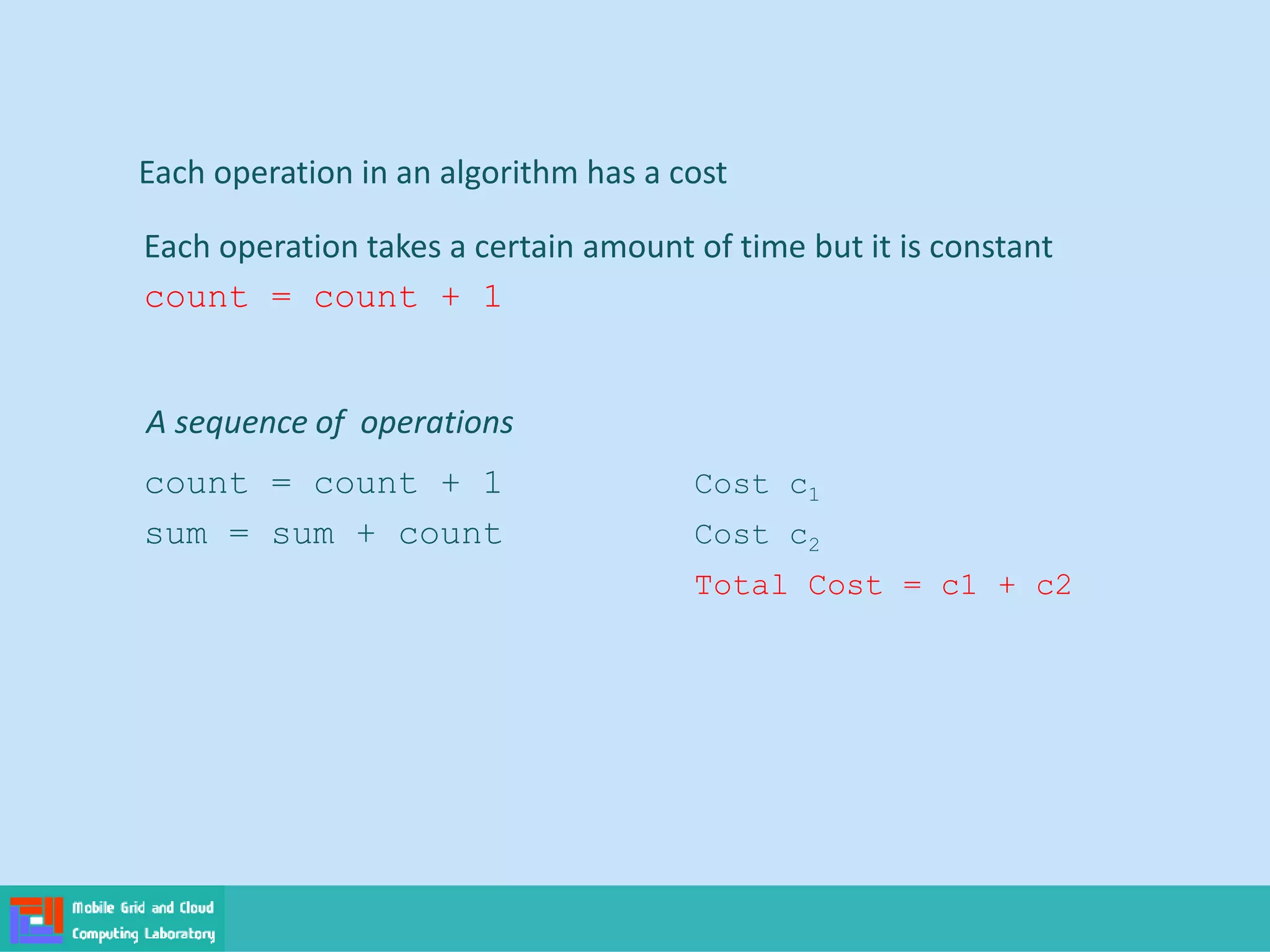 Each operation in an algorithm has a cost
Each operation takes a certain amount of time but it is constant
count = count + 1
A sequence of operations
count = count + 1 Cost c1
sum = sum + count Cost c2
Total Cost = c1 + c2
 