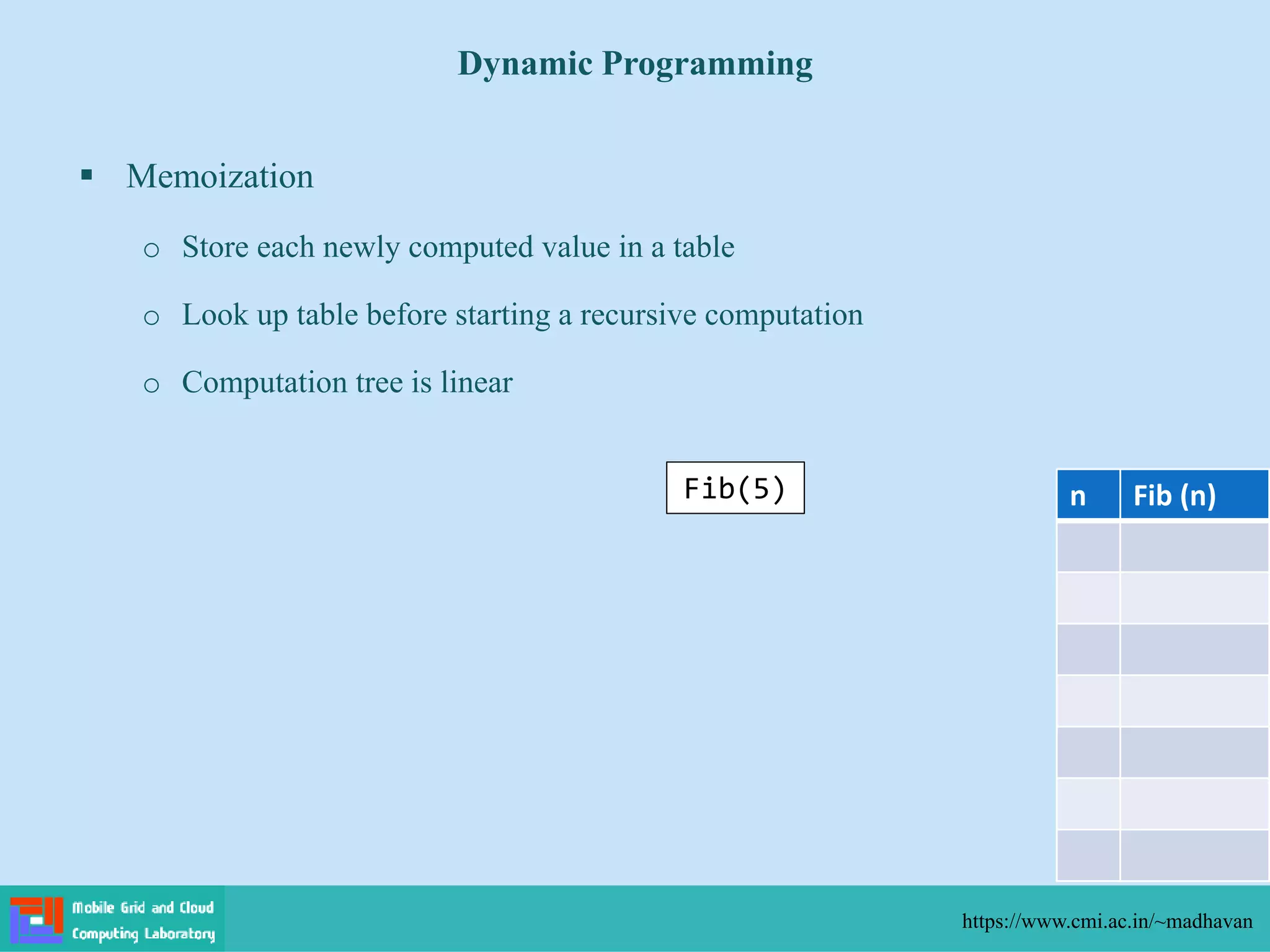  Memoization
o Store each newly computed value in a table
o Look up table before starting a recursive computation
o Computation tree is linear
Dynamic Programming
https://www.cmi.ac.in/~madhavan
n Fib (n)
Fib(5)
 