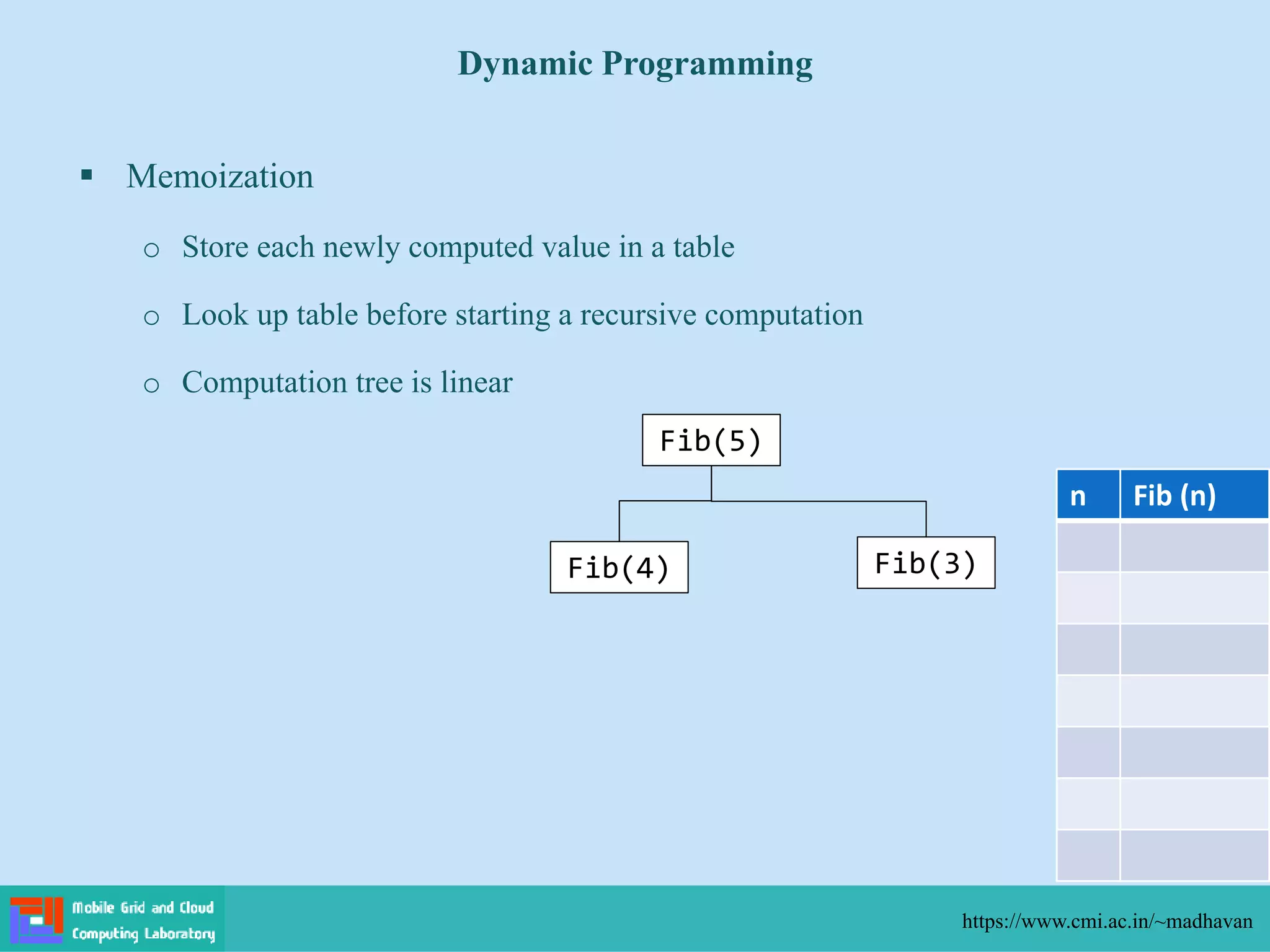  Memoization
o Store each newly computed value in a table
o Look up table before starting a recursive computation
o Computation tree is linear
Dynamic Programming
https://www.cmi.ac.in/~madhavan
n Fib (n)
Fib(5)
Fib(4) Fib(3)
 