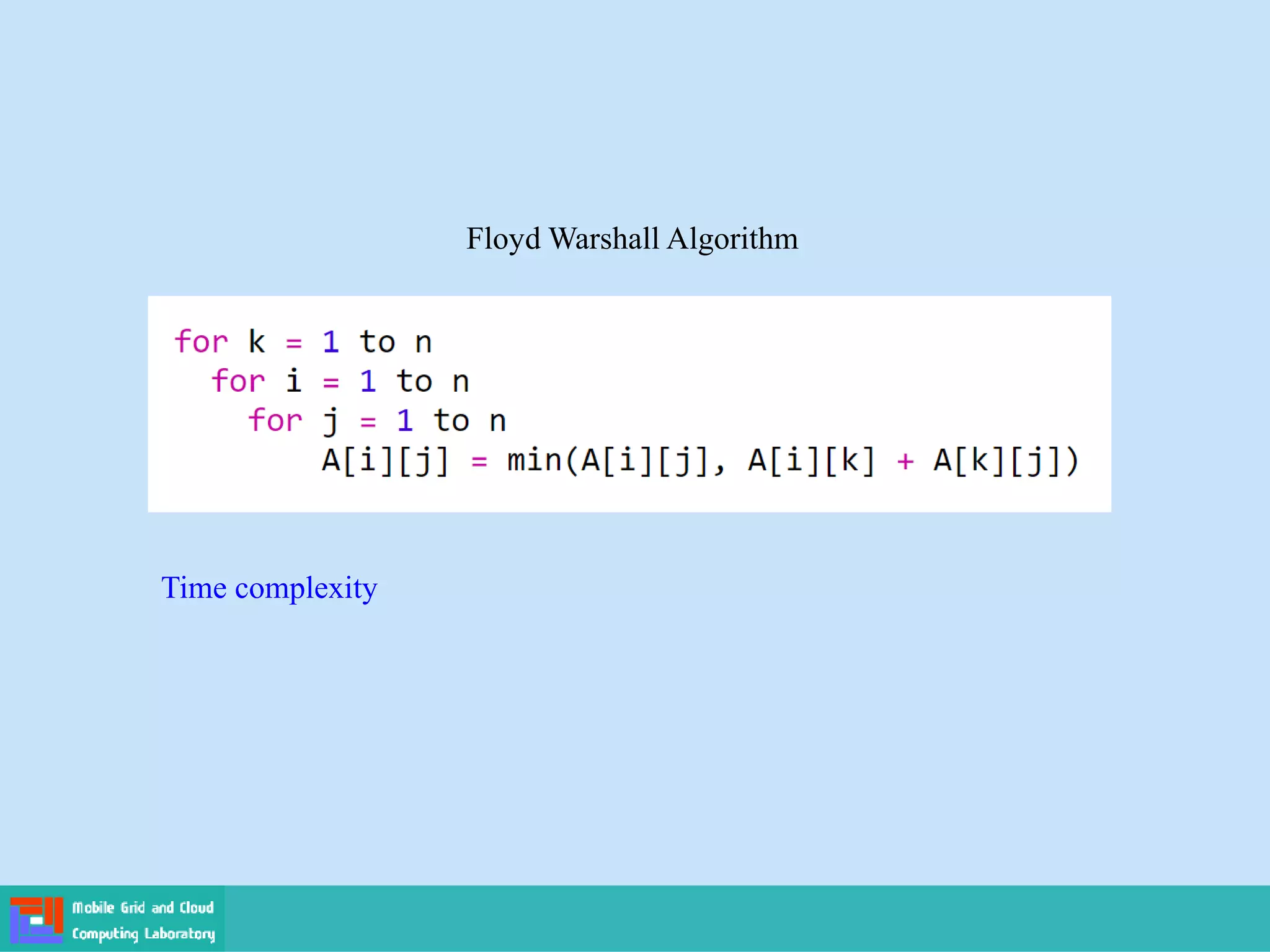 Floyd Warshall Algorithm
Time complexity
 