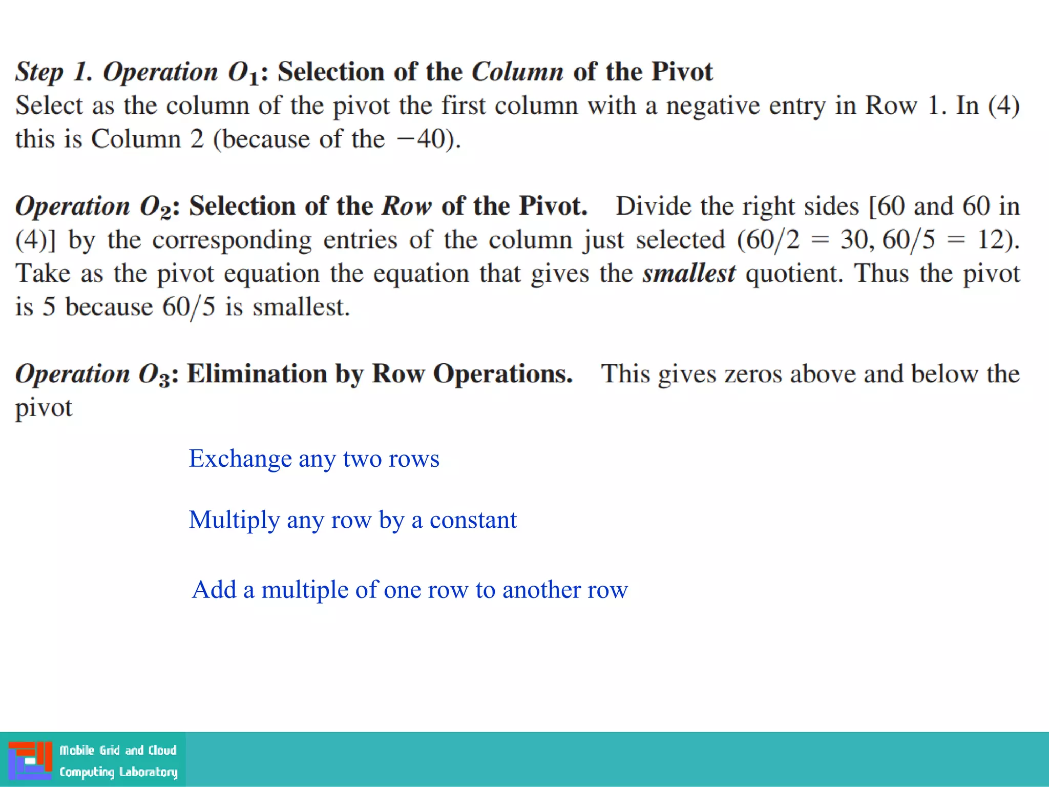 Exchange any two rows
Multiply any row by a constant
Add a multiple of one row to another row
 