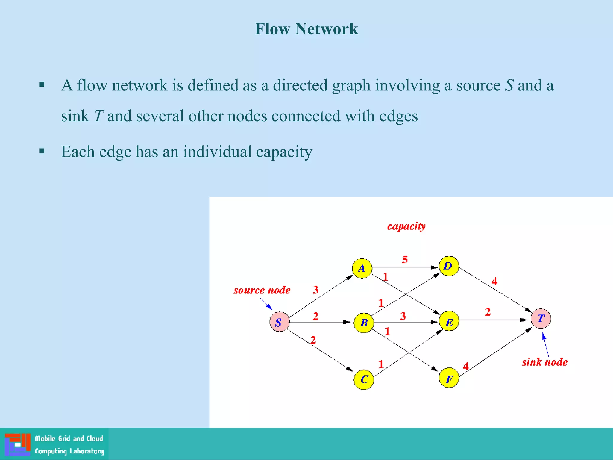 ▪ A flow network is defined as a directed graph involving a source S and a
sink T and several other nodes connected with edges
▪ Each edge has an individual capacity
Flow Network
 