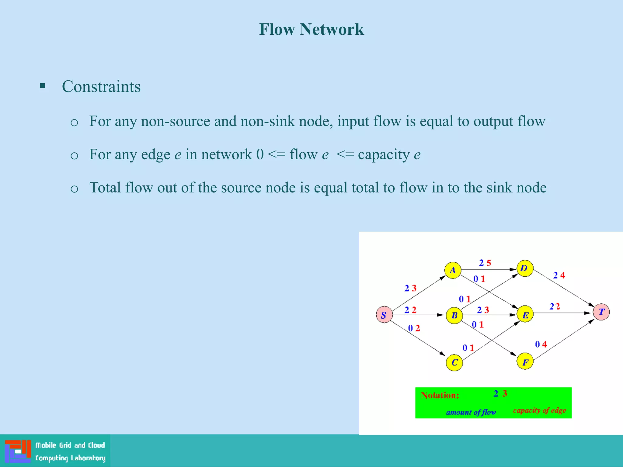 ▪ Constraints
o For any non-source and non-sink node, input flow is equal to output flow
o For any edge e in network 0 <= flow e <= capacity e
o Total flow out of the source node is equal total to flow in to the sink node
Flow Network
 