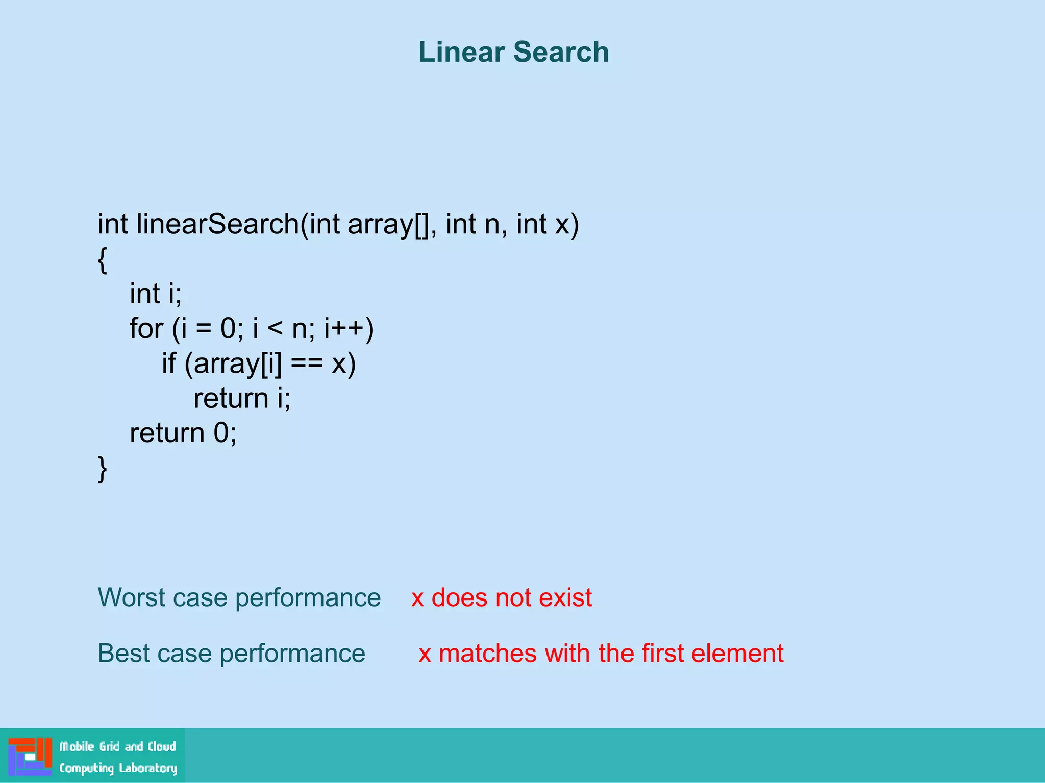Linear Search
int linearSearch(int array[], int n, int x)
{
int i;
for (i = 0; i < n; i++)
if (array[i] == x)
return i;
return 0;
}
Worst case performance x does not exist
Best case performance x matches with the first element
 