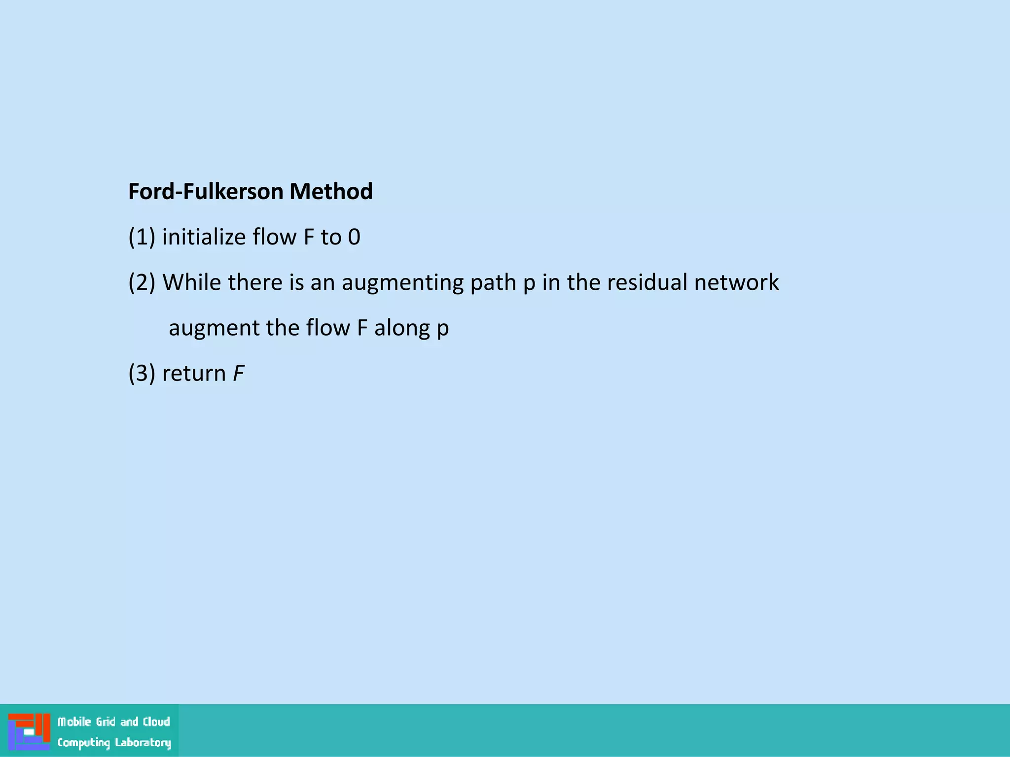 Ford-Fulkerson Method
(1) initialize flow F to 0
(2) While there is an augmenting path p in the residual network
augment the flow F along p
(3) return F
 