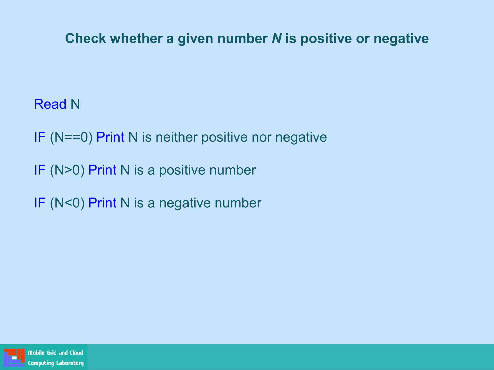 Check whether a given number N is positive or negative
Read N
IF (N==0) Print N is neither positive nor negative
IF (N>0) Print N is a positive number
IF (N<0) Print N is a negative number
 