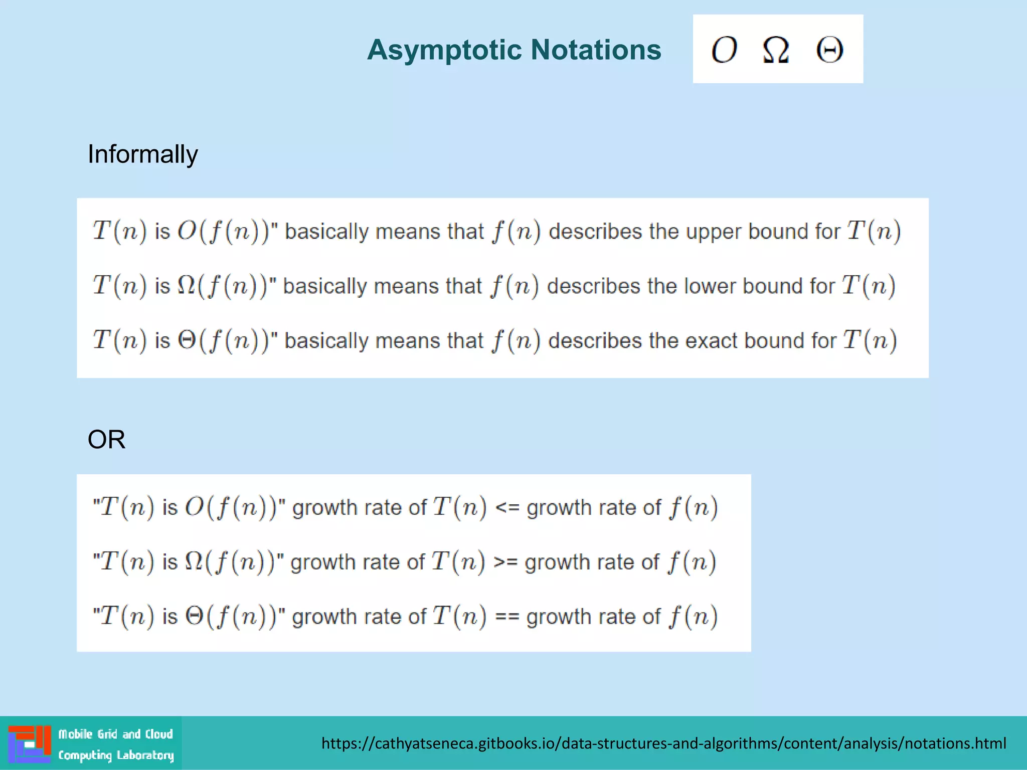 https://cathyatseneca.gitbooks.io/data-structures-and-algorithms/content/analysis/notations.html
Informally
OR
Asymptotic Notations
 