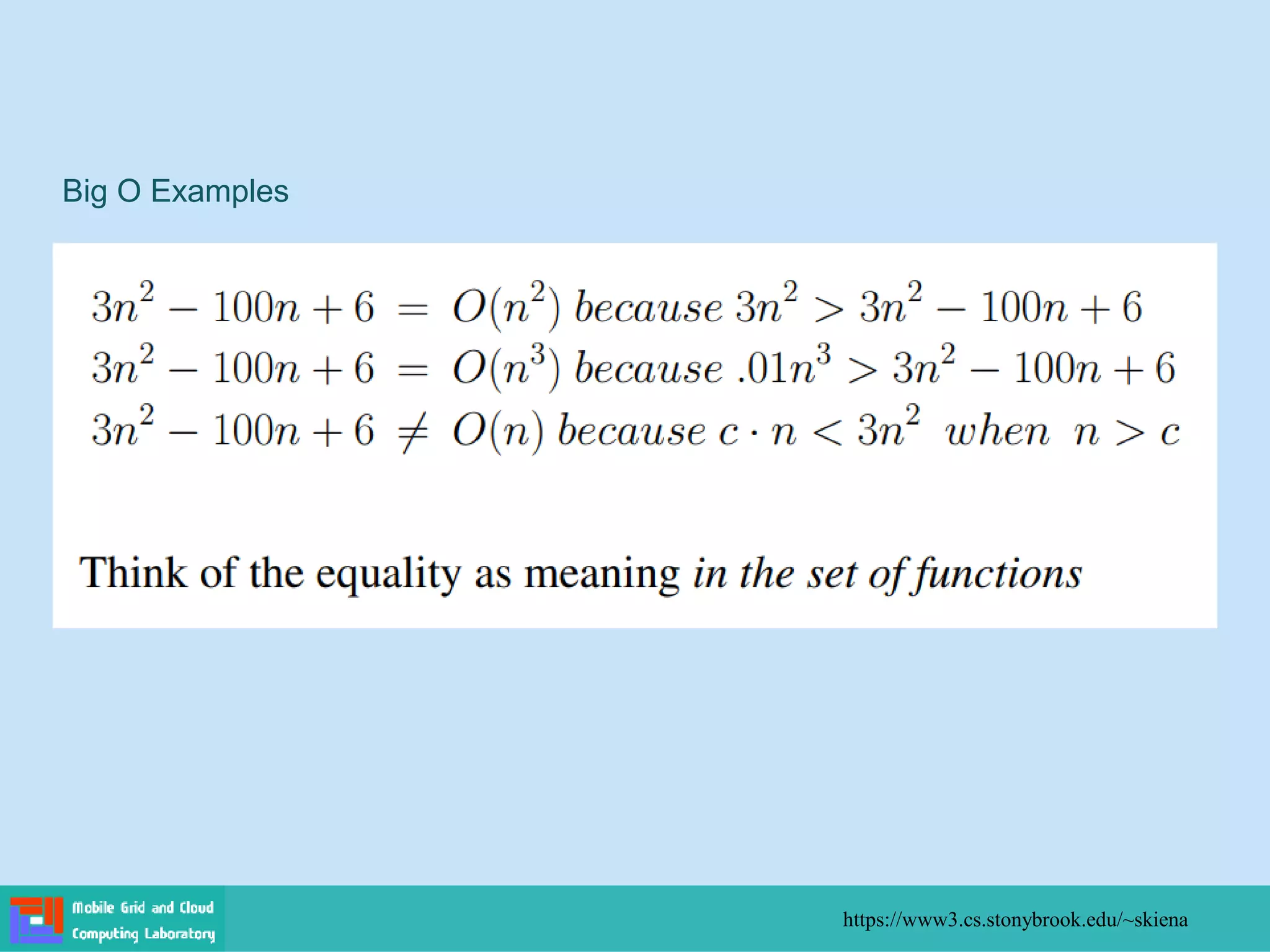 Big O Examples
https://www3.cs.stonybrook.edu/~skiena
 