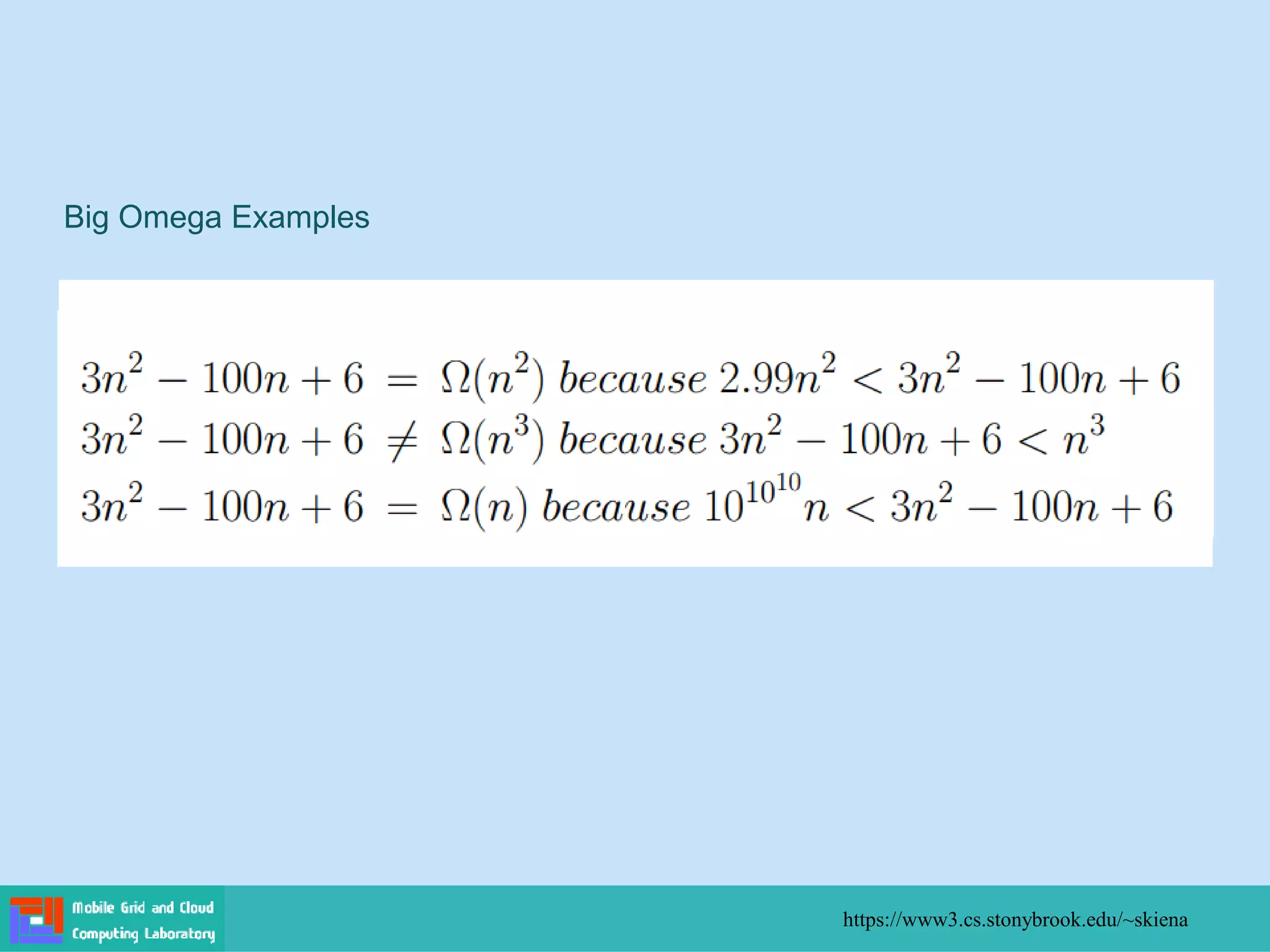 Big Omega Examples
https://www3.cs.stonybrook.edu/~skiena
 