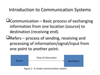 1
Introduction to Communication Systems
Communication – Basic process of exchanging
information from one location (source) to
destination (receiving end).
Refers – process of sending, receiving and
processing of information/signal/input from
one point to another point.
Source Destination
Flow of information
Figure 1 : A simple communication system
 