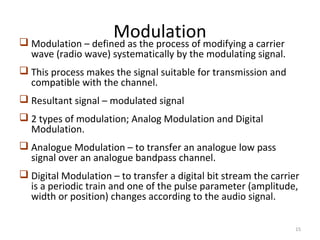 15
Modulation Modulation – defined as the process of modifying a carrier
wave (radio wave) systematically by the modulati...
