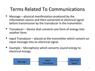 5
Terms Related To Communications
 Message – physical manifestation produced by the
information source and then converted...