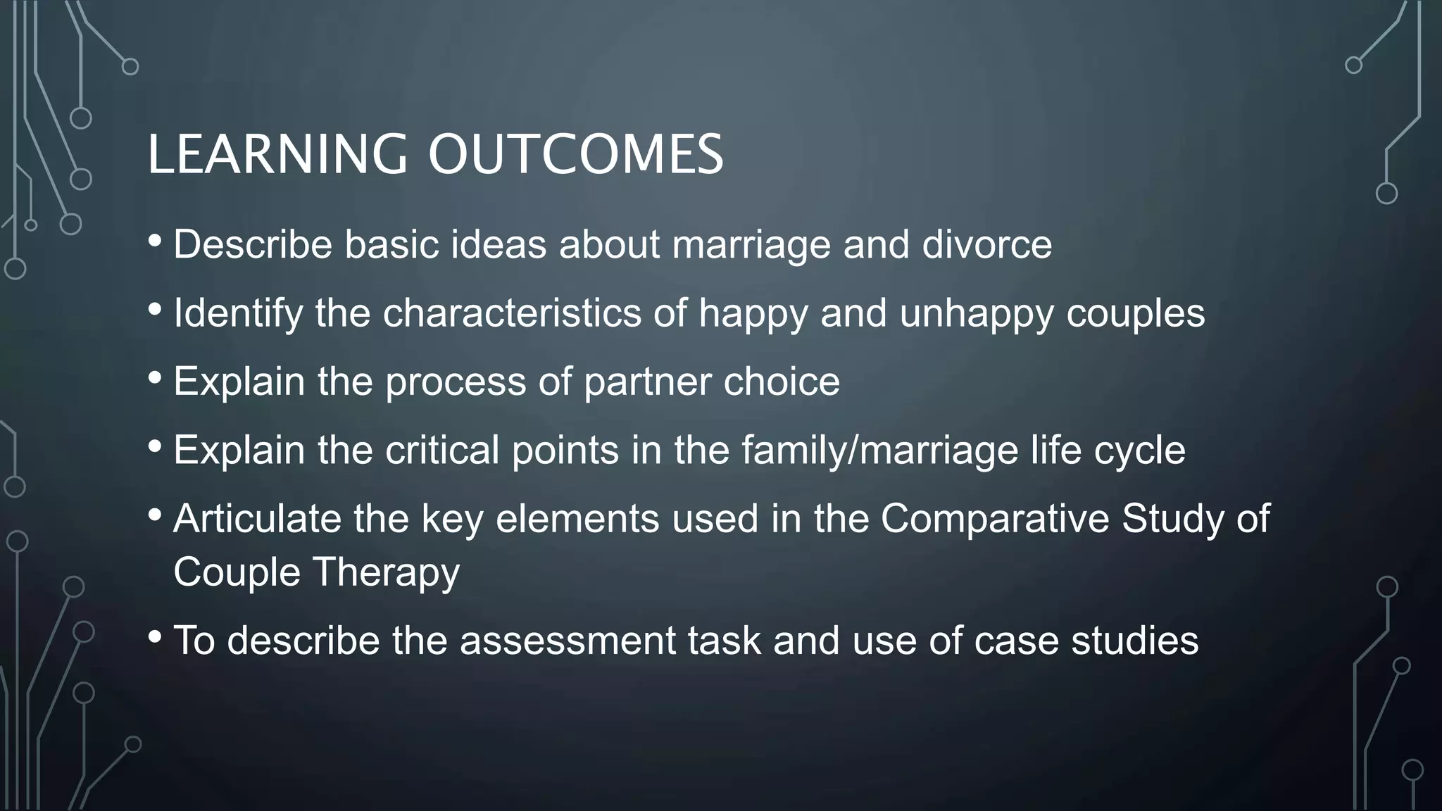 LEARNING OUTCOMES
• Describe basic ideas about marriage and divorce
• Identify the characteristics of happy and unhappy couples
• Explain the process of partner choice
• Explain the critical points in the family/marriage life cycle
• Articulate the key elements used in the Comparative Study of
Couple Therapy
• To describe the assessment task and use of case studies
 