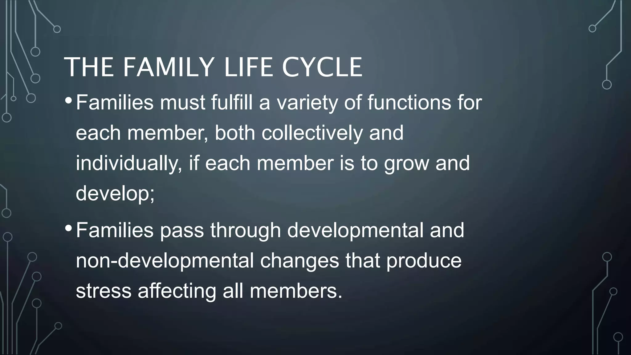 THE FAMILY LIFE CYCLE
•Families must fulfill a variety of functions for
each member, both collectively and
individually, if each member is to grow and
develop;
•Families pass through developmental and
non-developmental changes that produce
stress affecting all members.
 