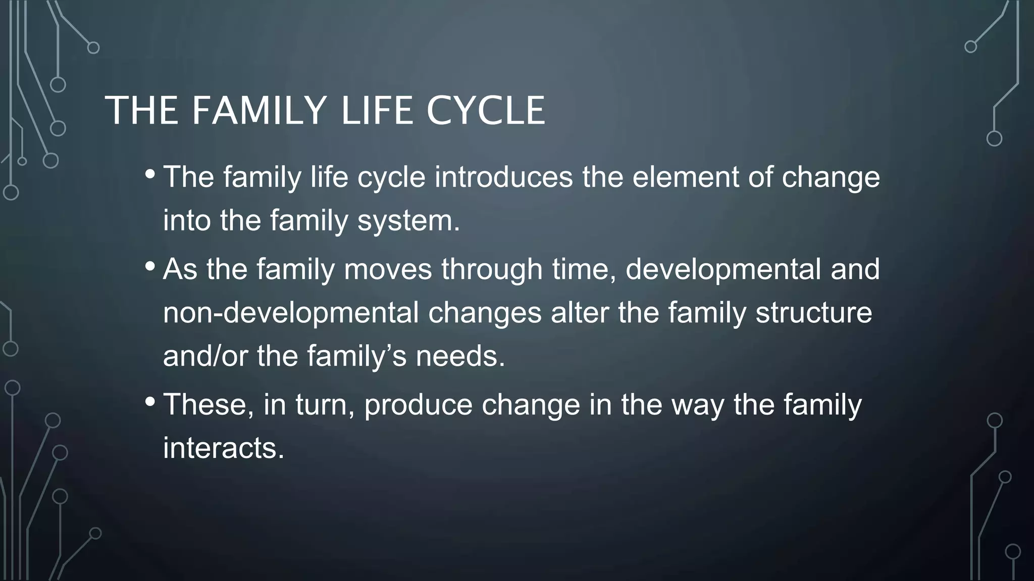 THE FAMILY LIFE CYCLE
• The family life cycle introduces the element of change
into the family system.
• As the family moves through time, developmental and
non-developmental changes alter the family structure
and/or the family’s needs.
• These, in turn, produce change in the way the family
interacts.
 