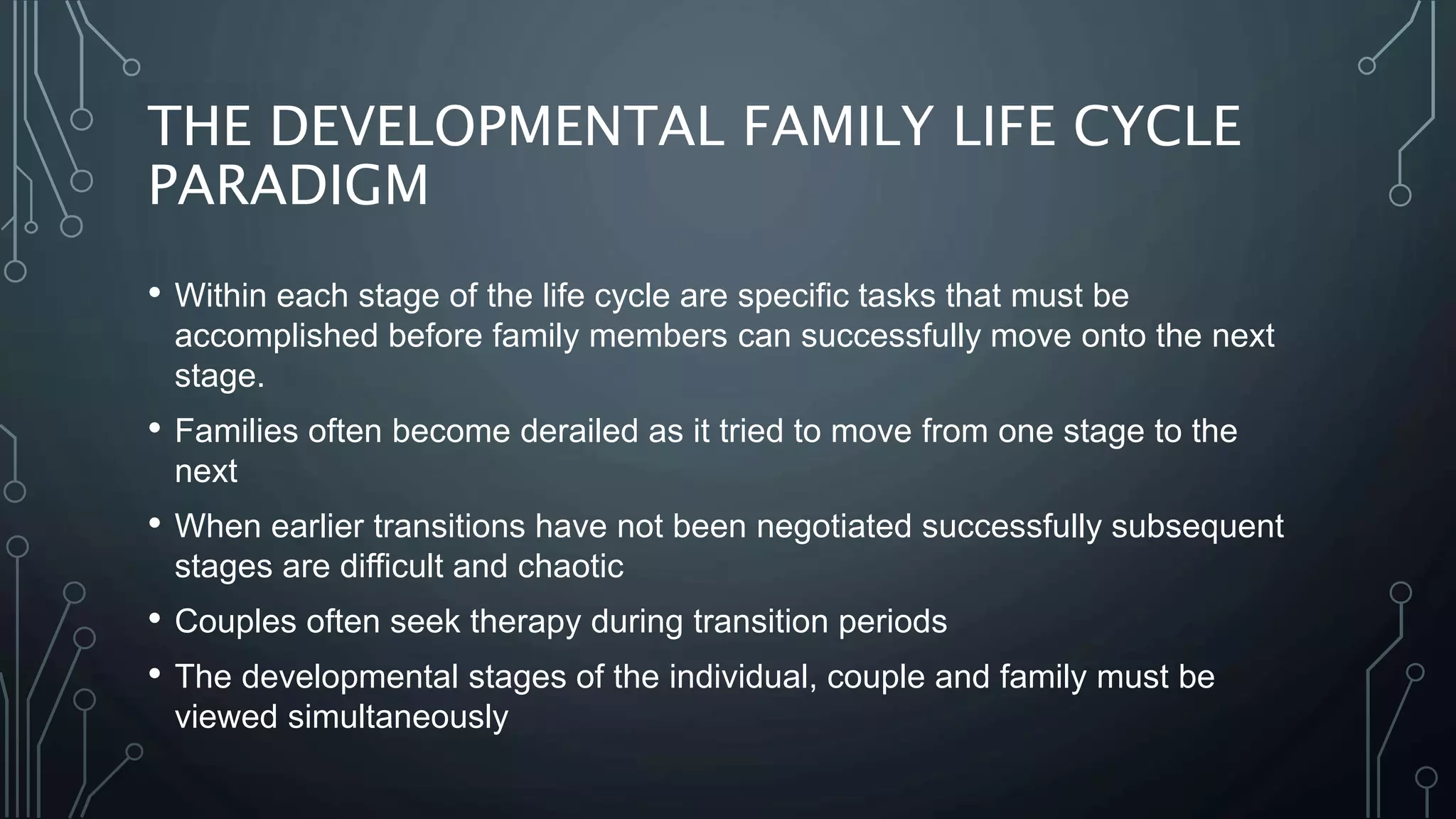 THE DEVELOPMENTAL FAMILY LIFE CYCLE
PARADIGM
• Within each stage of the life cycle are specific tasks that must be
accomplished before family members can successfully move onto the next
stage.
• Families often become derailed as it tried to move from one stage to the
next
• When earlier transitions have not been negotiated successfully subsequent
stages are difficult and chaotic
• Couples often seek therapy during transition periods
• The developmental stages of the individual, couple and family must be
viewed simultaneously
 