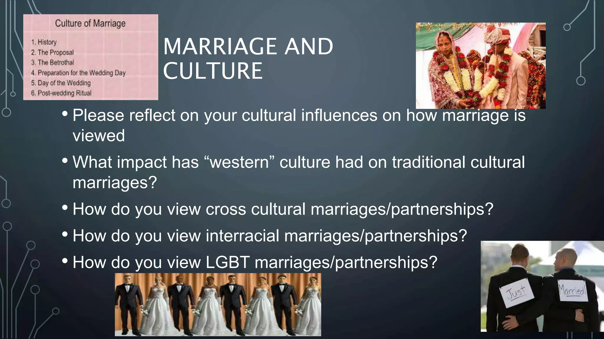 MARRIAGE AND
CULTURE
• Please reflect on your cultural influences on how marriage is
viewed
• What impact has “western” culture had on traditional cultural
marriages?
• How do you view cross cultural marriages/partnerships?
• How do you view interracial marriages/partnerships?
• How do you view LGBT marriages/partnerships?
 