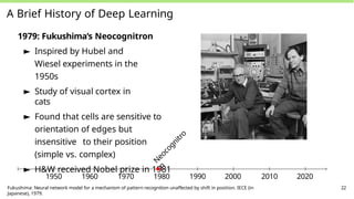 A Brief History of Deep Learning
1979: Fukushima’s Neocognitron
► Inspired by Hubel and
Wiesel experiments in the
1950s
► Study of visual cortex in
cats
► Found that cells are sensitive to
orientation of edges but
insensitive to their position
(simple vs. complex)
► H&W received Nobel prize in 1981
N
e
o
c
o
g
n
i
t
r
o
n
1950 1960 1970 1980 1990 2000 2010 2020
Fukushima: Neural network model for a mechanism of pattern recognition unaffected by shift in position. IECE (in
Japanese), 1979.
22
 