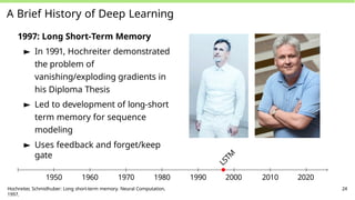 A Brief History of Deep Learning
1997: Long Short-Term Memory
► In 1991, Hochreiter demonstrated
the problem of
vanishing/exploding gradients in
his Diploma Thesis
► Led to development of long-short
term memory for sequence
modeling
► Uses feedback and forget/keep
gate
L
S
T
M
1950 1960 1970 1980 1990 2000 2010 2020
Hochreiter, Schmidhuber: Long short-term memory. Neural Computation,
1997.
24
 