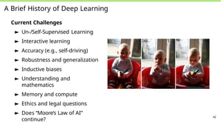 A Brief History of Deep Learning
Current Challenges
► Un-/Self-Supervised Learning
► Interactive learning
► Accuracy (e.g., self-driving)
► Robustness and generalization
► Inductive biases
► Understanding and
mathematics
► Memory and compute
► Ethics and legal questions
► Does “Moore’s Law of AI”
continue?
42
 