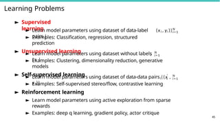 Learning Problems
45
► Supervised
learning
► Learn model parameters using dataset of data-label
pairs {
i i
(x , y )}N
i = 1
► Examples: Classification, regression, structured
prediction
► Unsupervised learning
i
► Learn model parameters using dataset without labels
{x }
N
i = 1
► Examples: Clustering, dimensionality reduction, generative
models
► Self-supervised learning
i
► Learn model parameters using dataset of data-data pairs {(x ,
x )}
′ N
i i = 1
► Examples: Self-supervised stereo/flow, contrastive learning
► Reinforcement learning
► Learn model parameters using active exploration from sparse
rewards
► Examples: deep q learning, gradient policy, actor critique
 