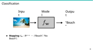 Classification
Inpu
t
"Beach
"
Mode
l
Outpu
t
48
► Mapping: fw : RW × H → {“Beach”, “No
Beach”}
 