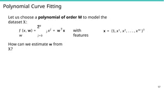 Polynomial Curve Fitting
57
Let us choose a polynomial of order M to model the
dataset X:
M
Σ
f (x, w) =
w
j
j T
x = w x
j = 0
How can we estimate w from
X?
with
features
x = (1, x1
, x2
, . . . , xM
)T
 