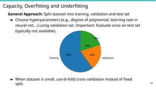 Capacity, Overfitting and Underfitting
Training
64
60%
Validation
20%
General Approach: Split dataset into training, validation and test set
► Choose hyperparameters (e.g., degree of polynomial, learning rate in
neural net, ..) using validation set. Important: Evaluate once on test set
(typically not available).
Test
20%
► When dataset is small, use (k-fold) cross validation instead of fixed
split.
 