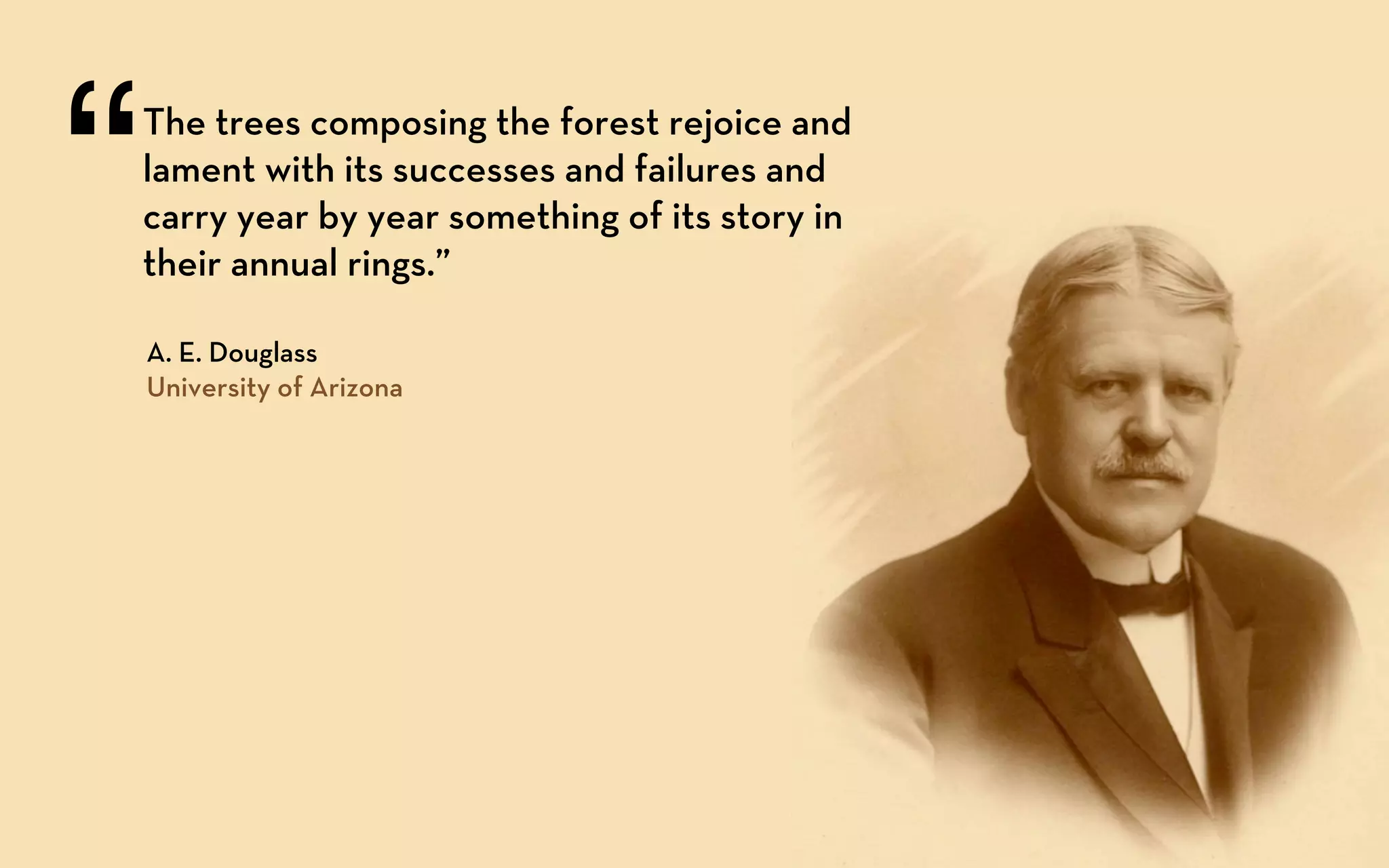 “
The trees composing the forest rejoice and
lament with its successes and failures and
carry year by year something of its story in
their annual rings.”

    A. E. Douglass
    University of Arizona
 