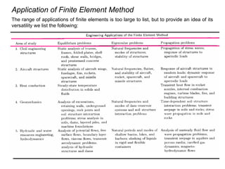 Application of Finite Element Method
The range of applications of finite elements is too large to list, but to provide an idea of its
versatility we list the following:
 