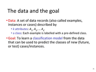 26
•Data: A set of data records (also called examples,
instances or cases) described by
• k attributes: A1
, A2
, … Ak
.
• a class: Each example is labelled with a pre-defined class.
•Goal: To learn a classification model from the data
that can be used to predict the classes of new (future,
or test) cases/instances.
The data and the goal
 