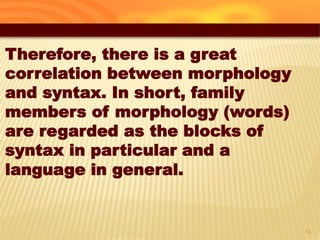 24
Therefore, there is a great
correlation between morphology
and syntax. In short, family
members of morphology (words)
are regarded as the blocks of
syntax in particular and a
language in general.
 
